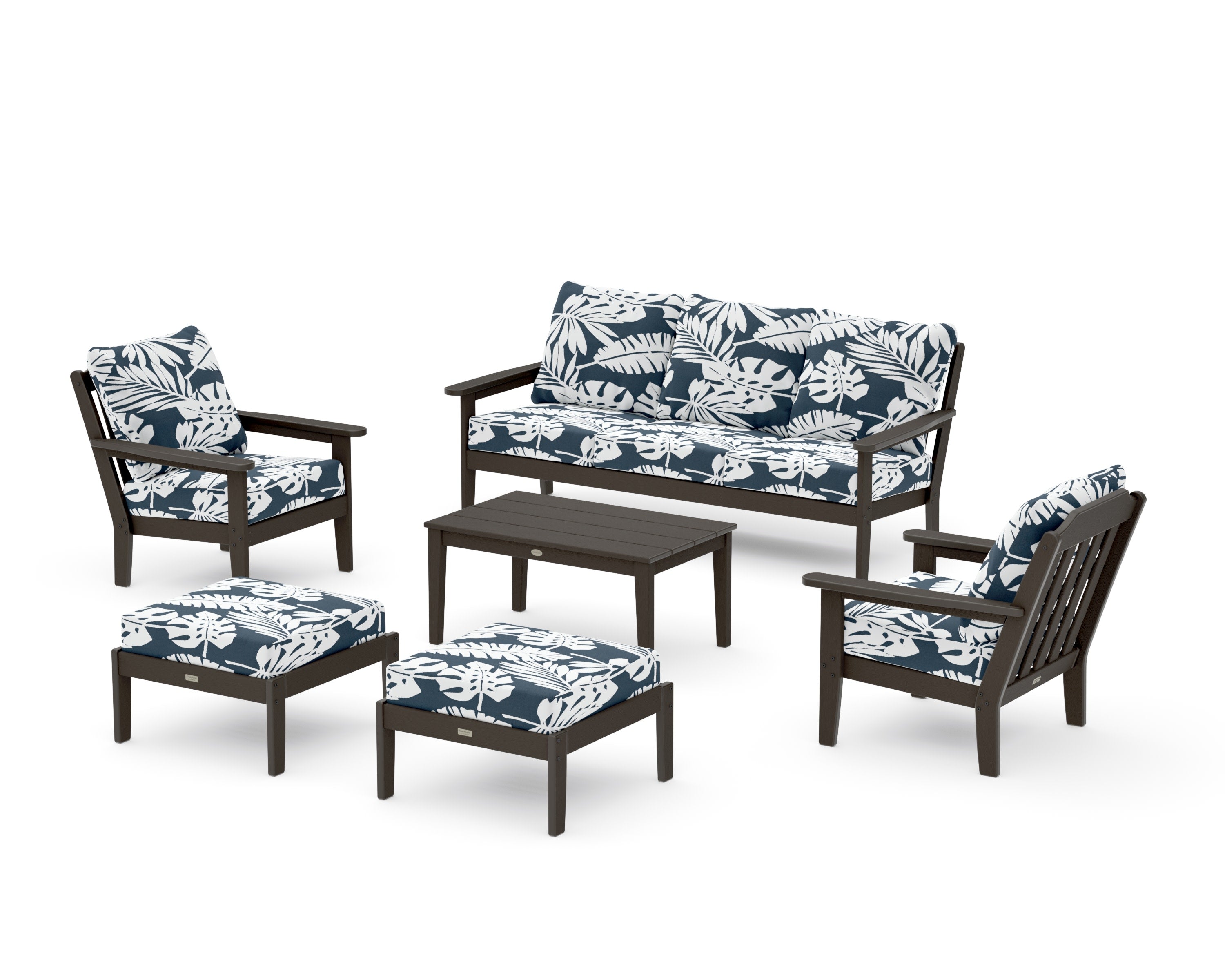 Cottage 6-Piece Lounge Sofa Set in Vintage Coffee / Leaf Marine Indigo