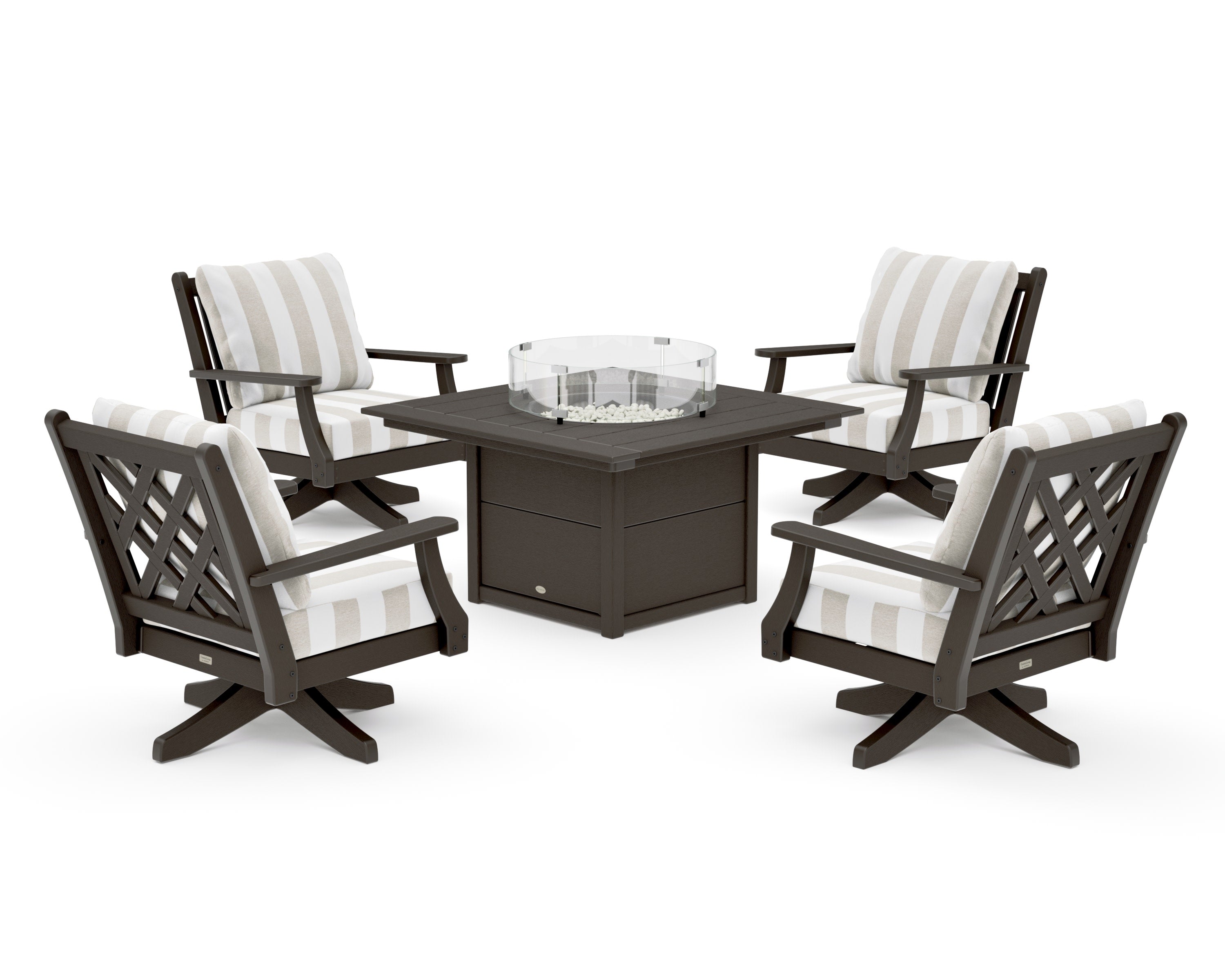 Wovendale 5-Piece Deep Seating Swivel Conversation Set with Fire Pit Table in Vintage Coffee / Cabana Stripe Dune Burlap