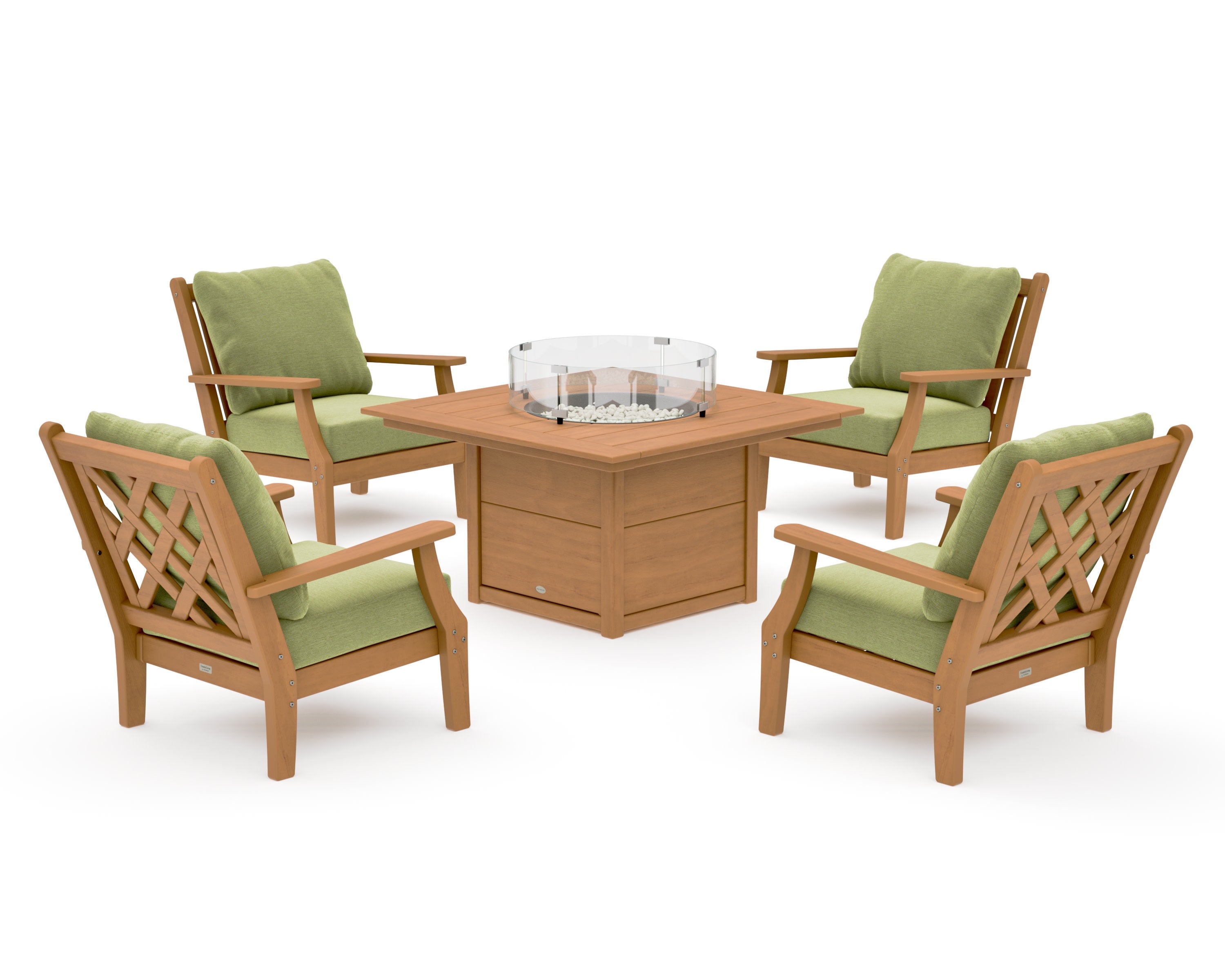 Wovendale 5-Piece Deep Seating Set with Fire Pit Table in Natural / Chartreuse Boucle