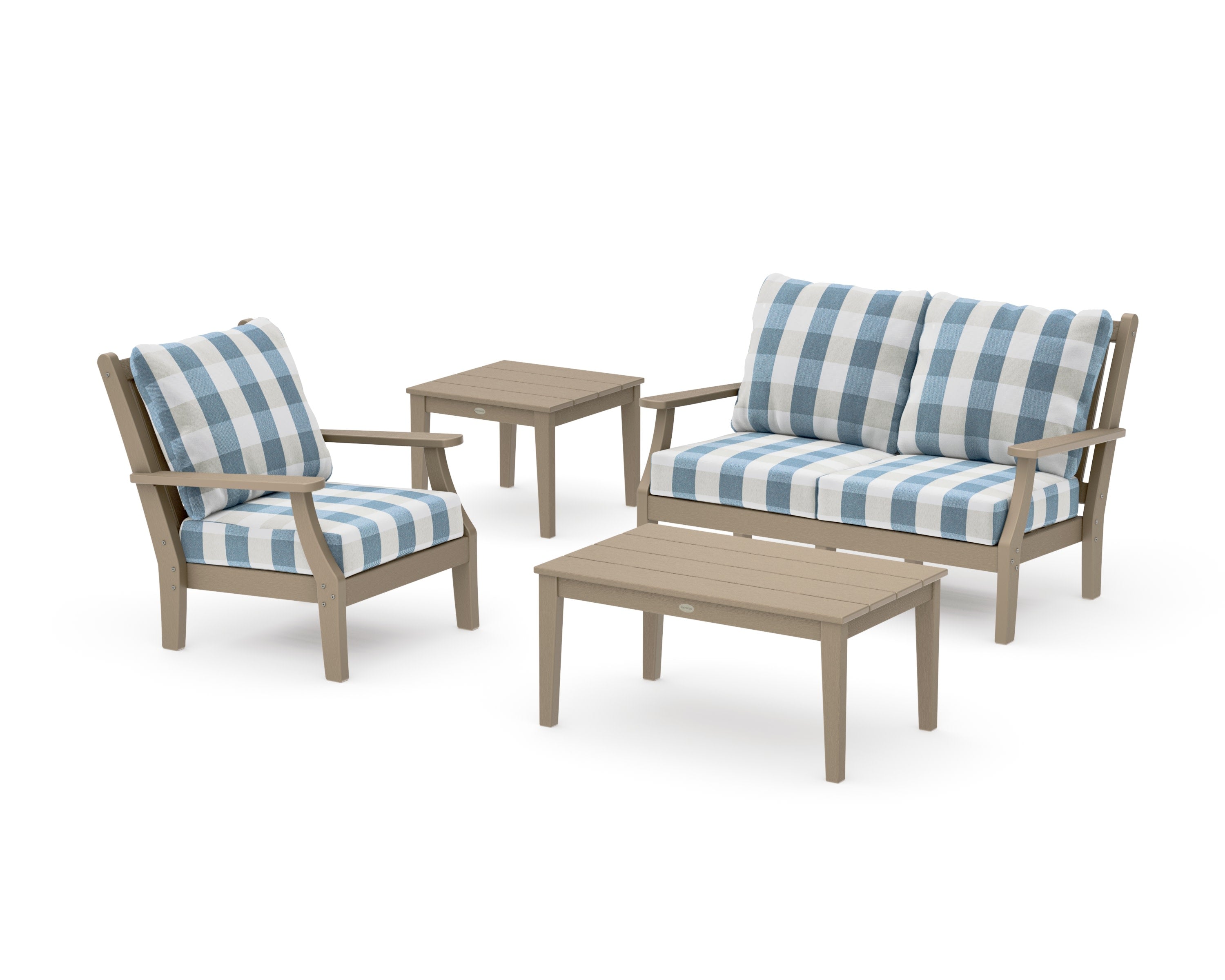 Wovendale 4-Piece Deep Seating Set in Vintage Sahara / Buffalo Plaid Sky Blue