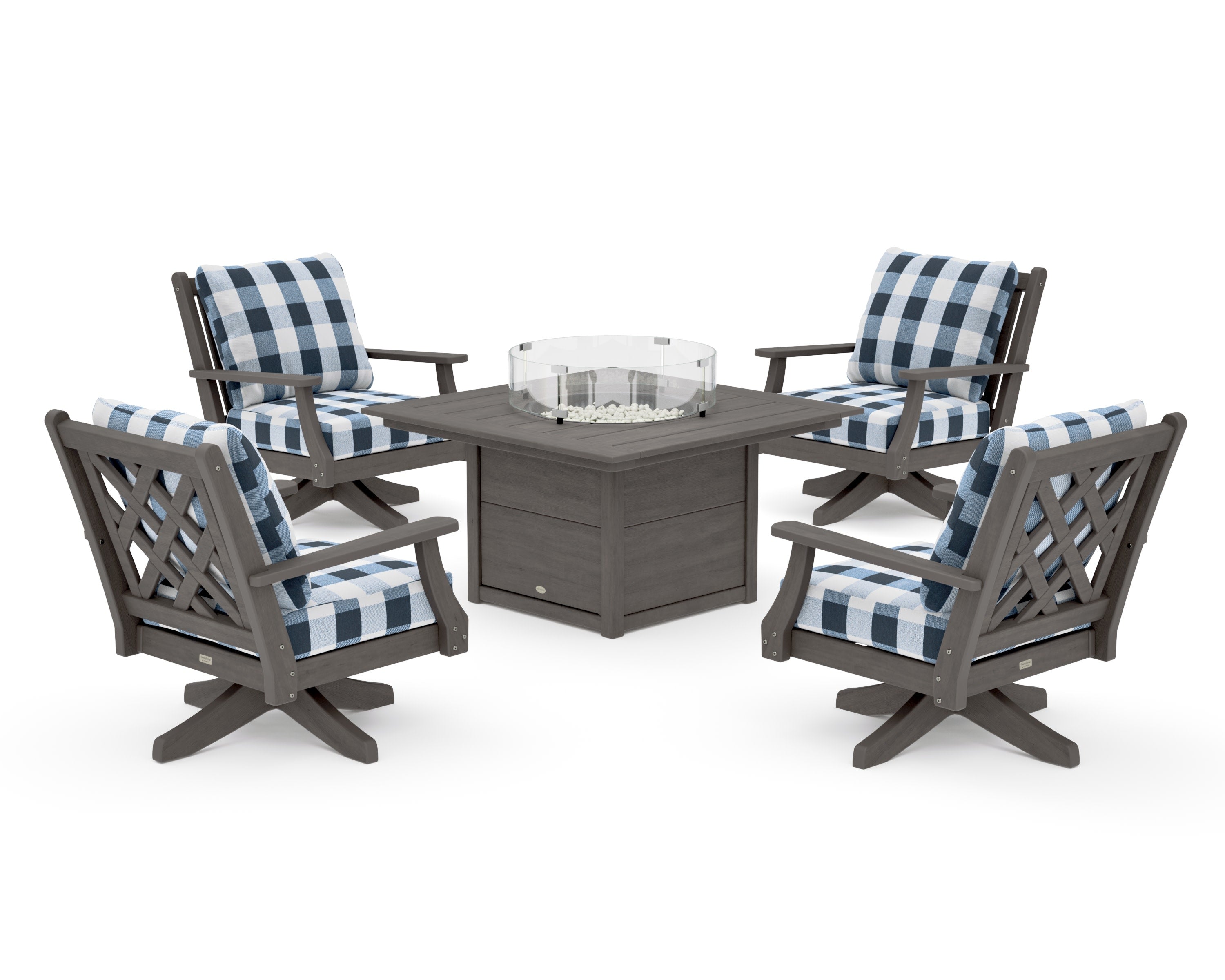 Wovendale 5-Piece Deep Seating Swivel Conversation Set with Fire Pit Table in Driftwood / Buffalo Plaid Marine Indigo