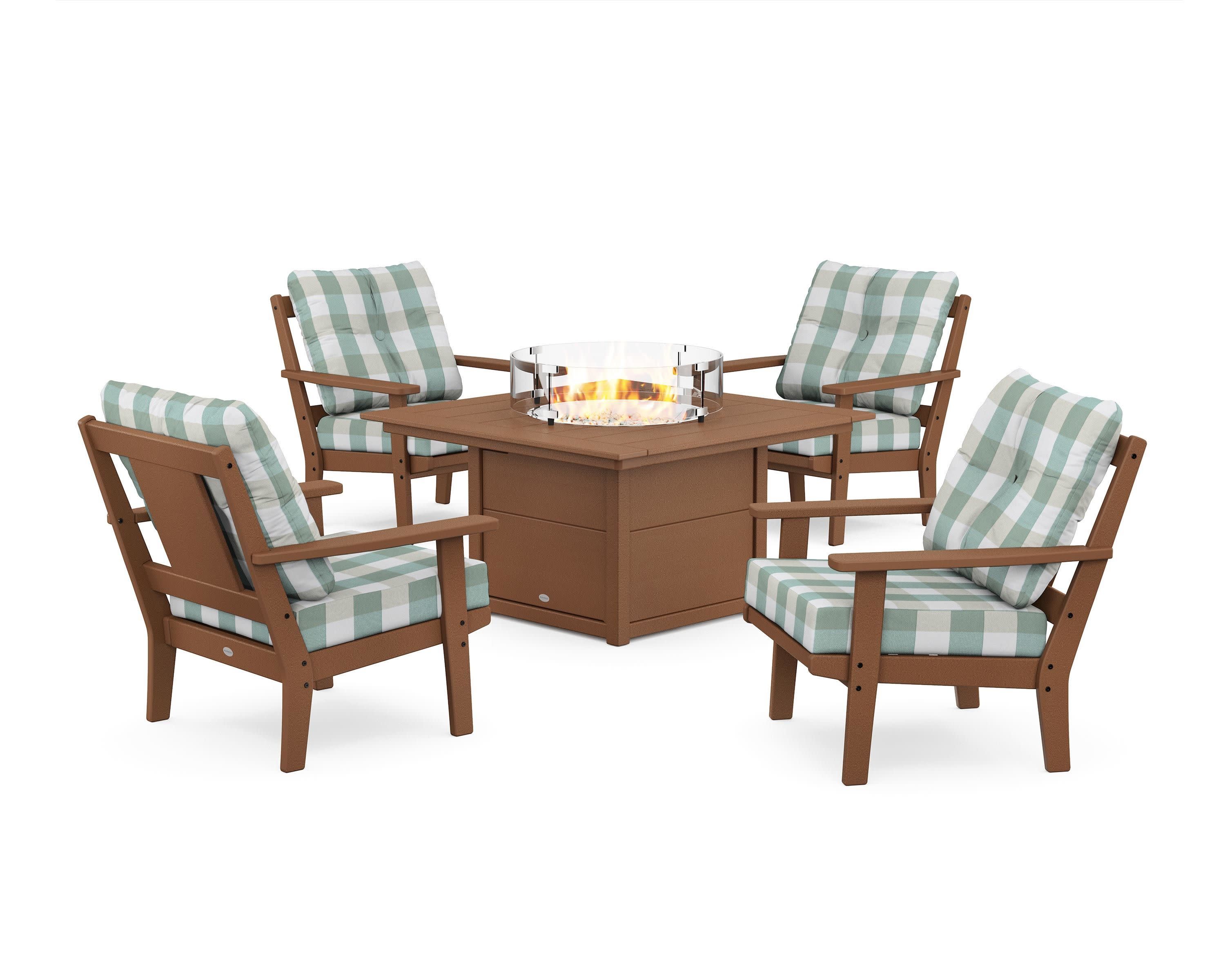 Prairie 5-Piece Deep Seating Set with Fire Pit Table in Teak / Buffalo Plaid Glacier Spa