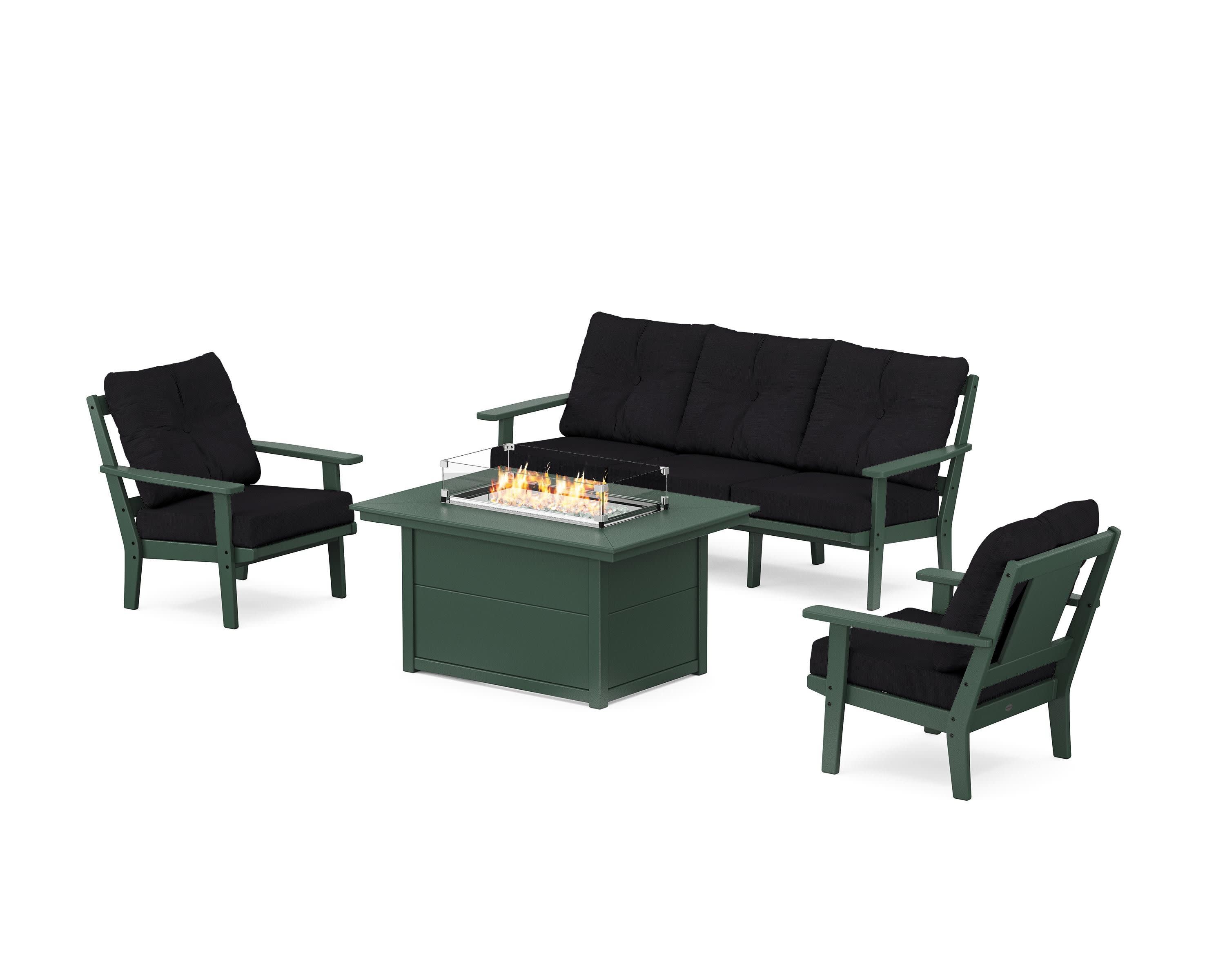 Prairie Deep Seating Fire Pit Table Set in Green / Midnight Linen