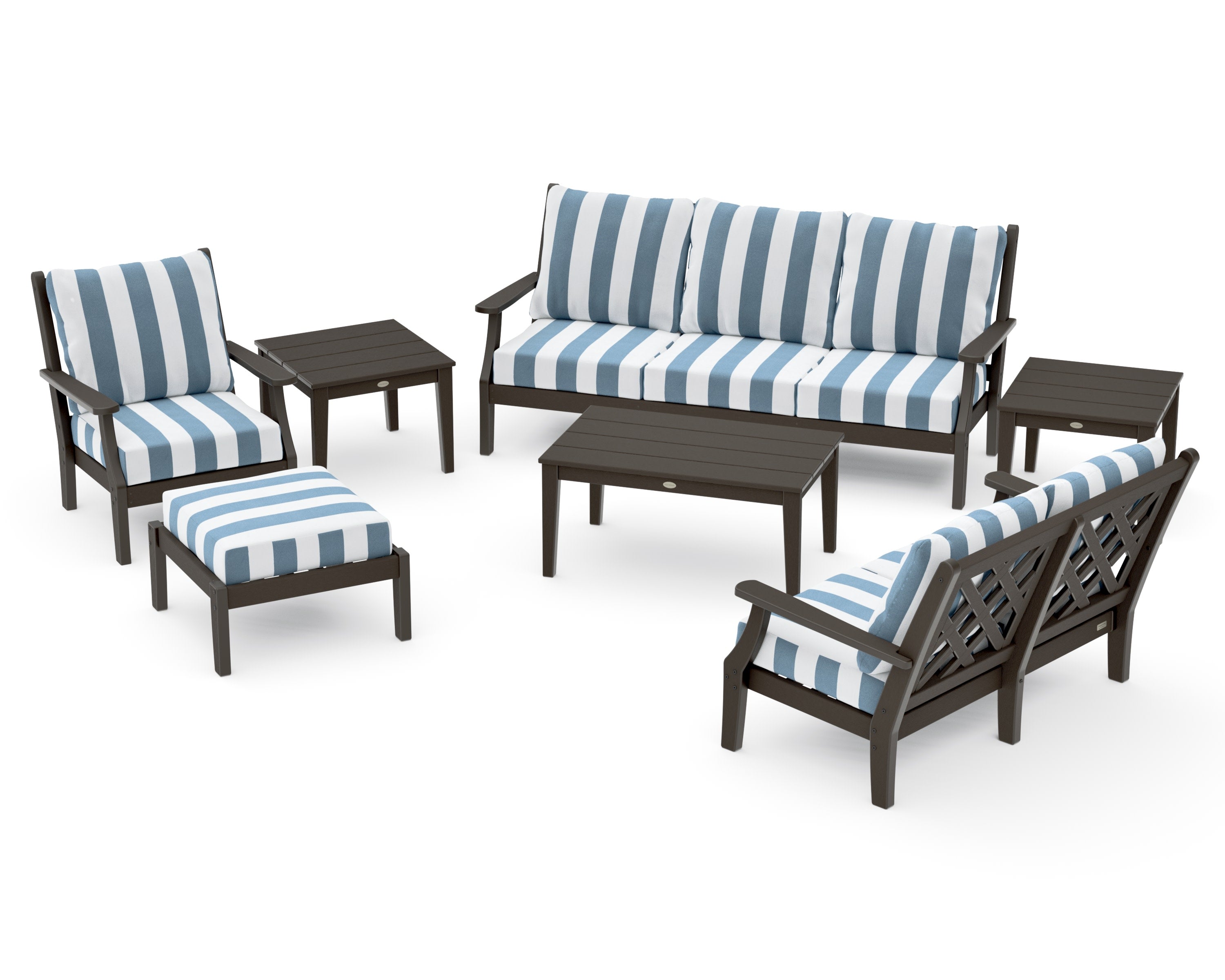 Wovendale 7-Piece Deep Seating Set in Vintage Coffee / Cabana Stripe Sky Blue