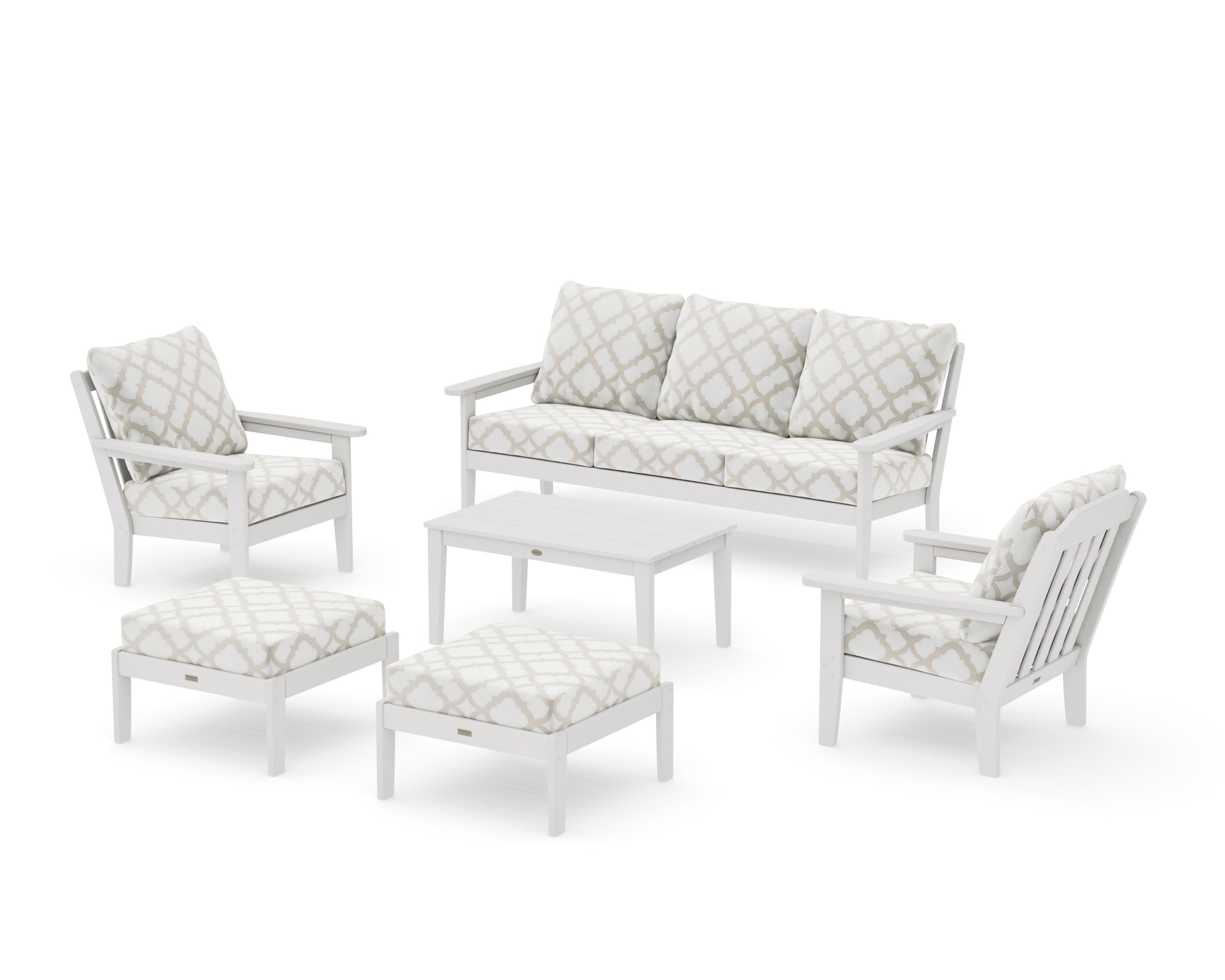 Cottage 6-Piece Lounge Sofa Set in Vintage White / Trellis Dune Burlap