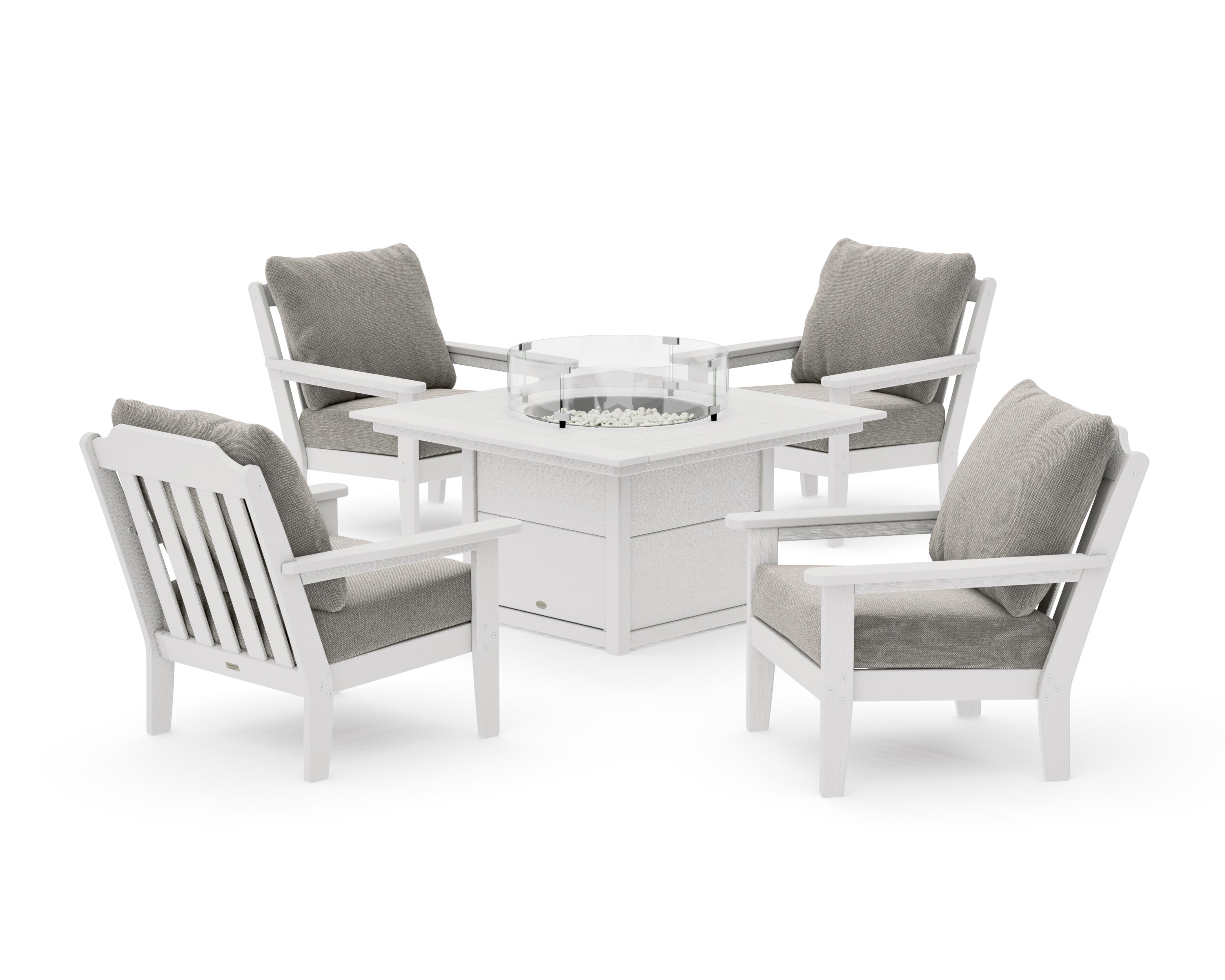 Cottage 5-Piece Deep Seating Set with Fire Pit Table in Vintage White / Weathered Tweed