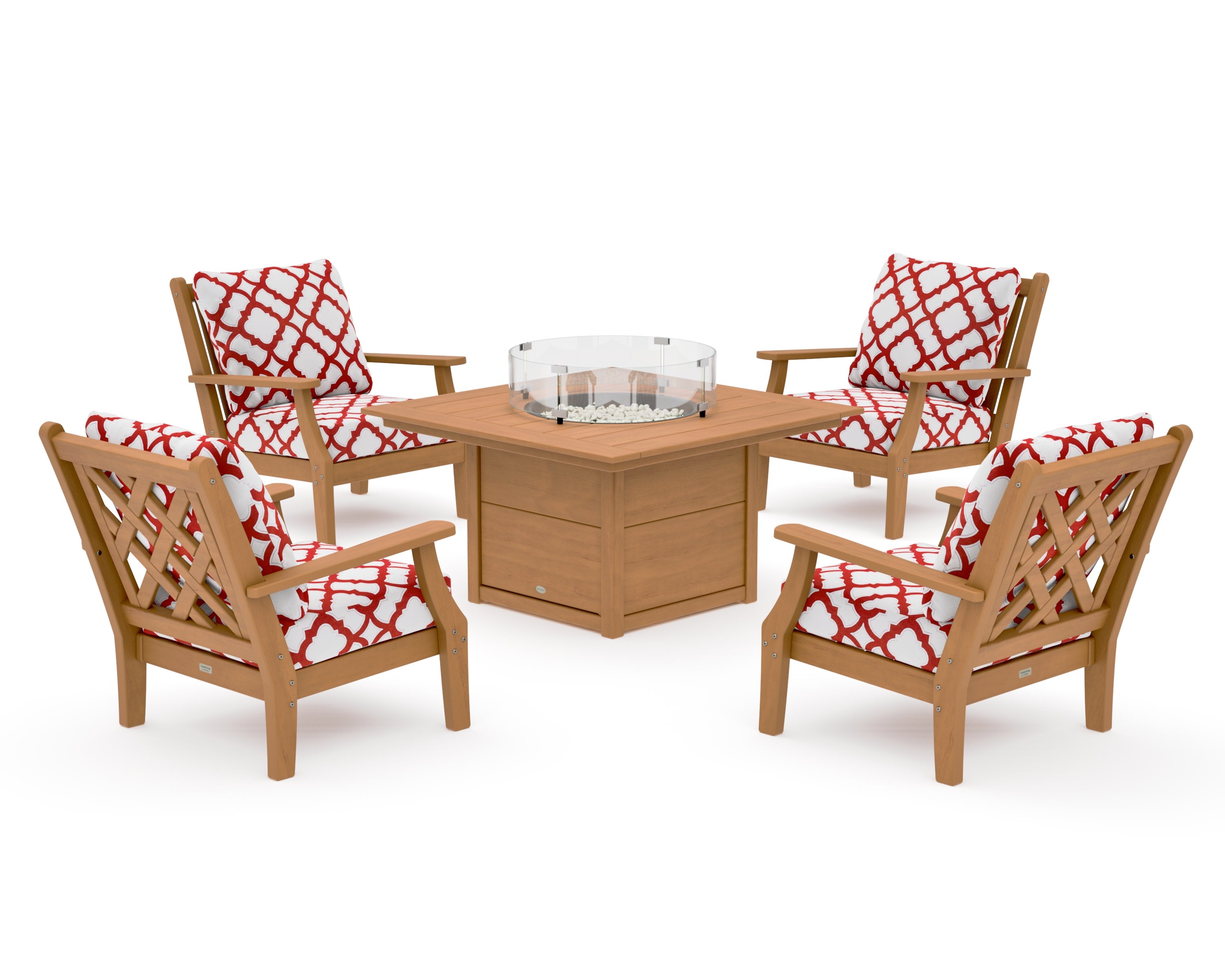 Wovendale 5-Piece Deep Seating Set with Fire Pit Table in Natural / Trellis Crimson
