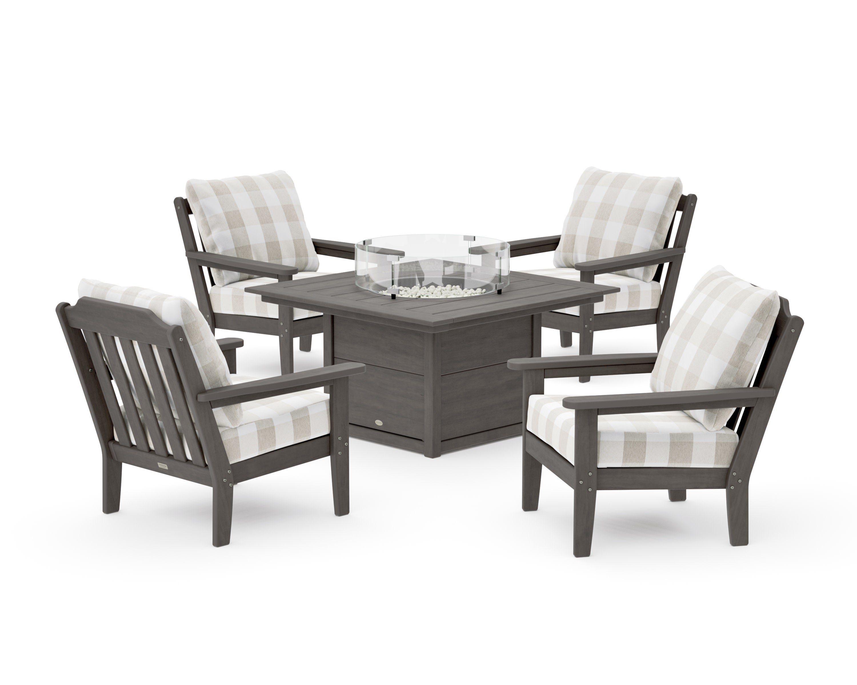 Cottage 5-Piece Deep Seating Set with Fire Pit Table in Driftwood / Buffalo Plaid Dune Burlap