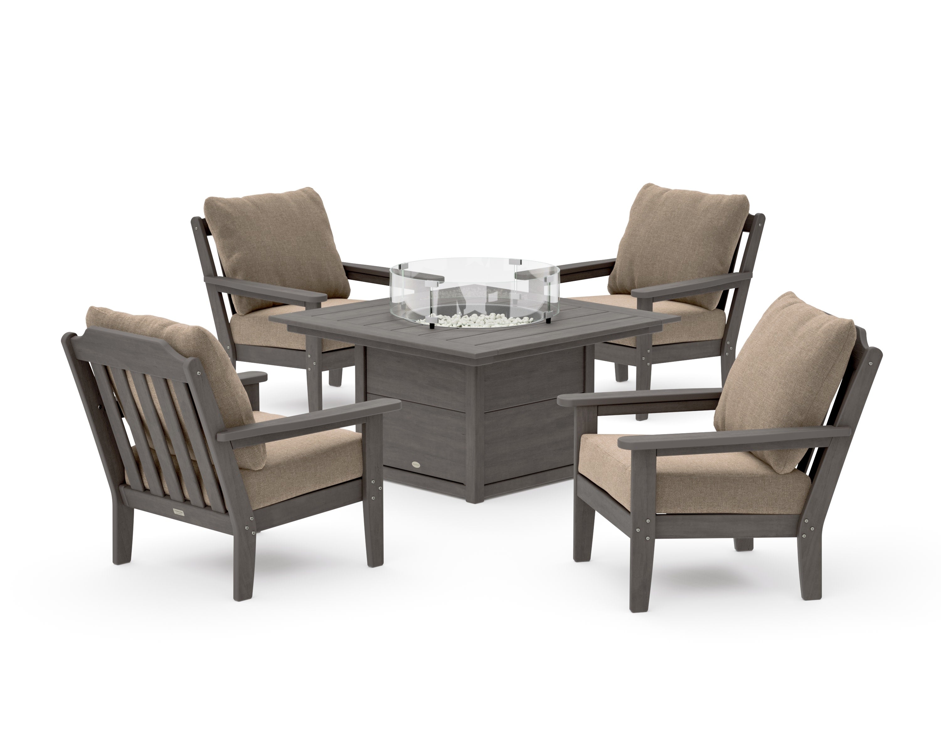 Cottage 5-Piece Deep Seating Set with Fire Pit Table in Driftwood / Spiced Burlap