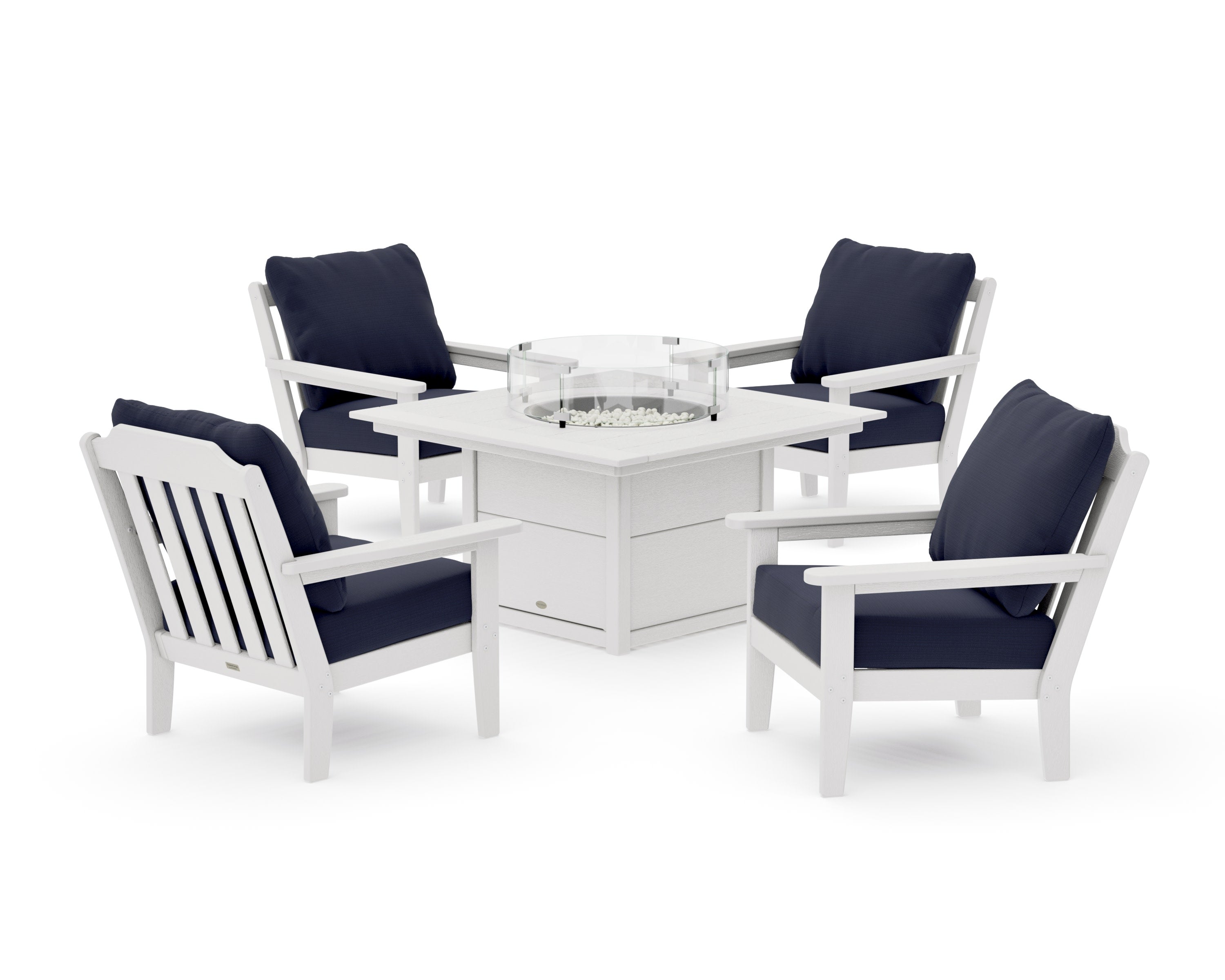 Cottage 5-Piece Deep Seating Set with Fire Pit Table in Vintage White / Navy Linen