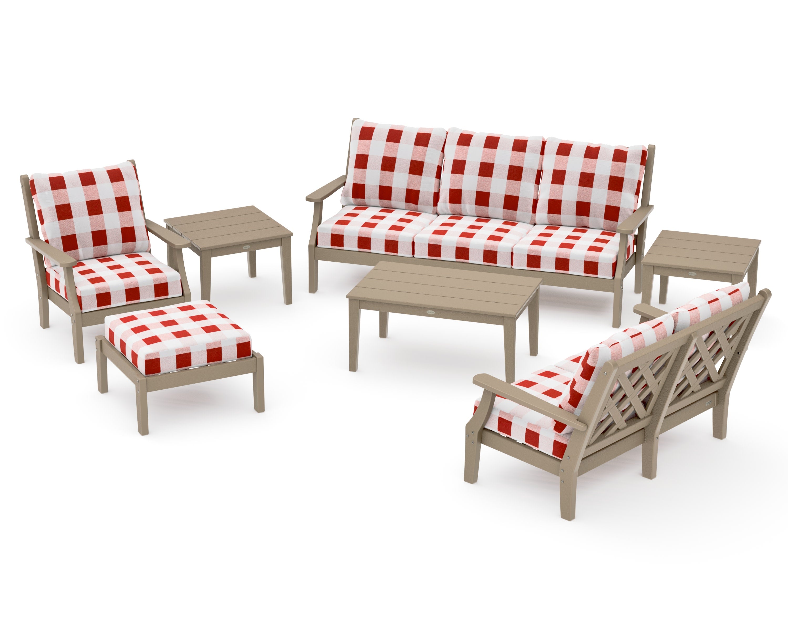 Wovendale 7-Piece Deep Seating Set in Vintage Sahara / Buffalo Plaid Crimson