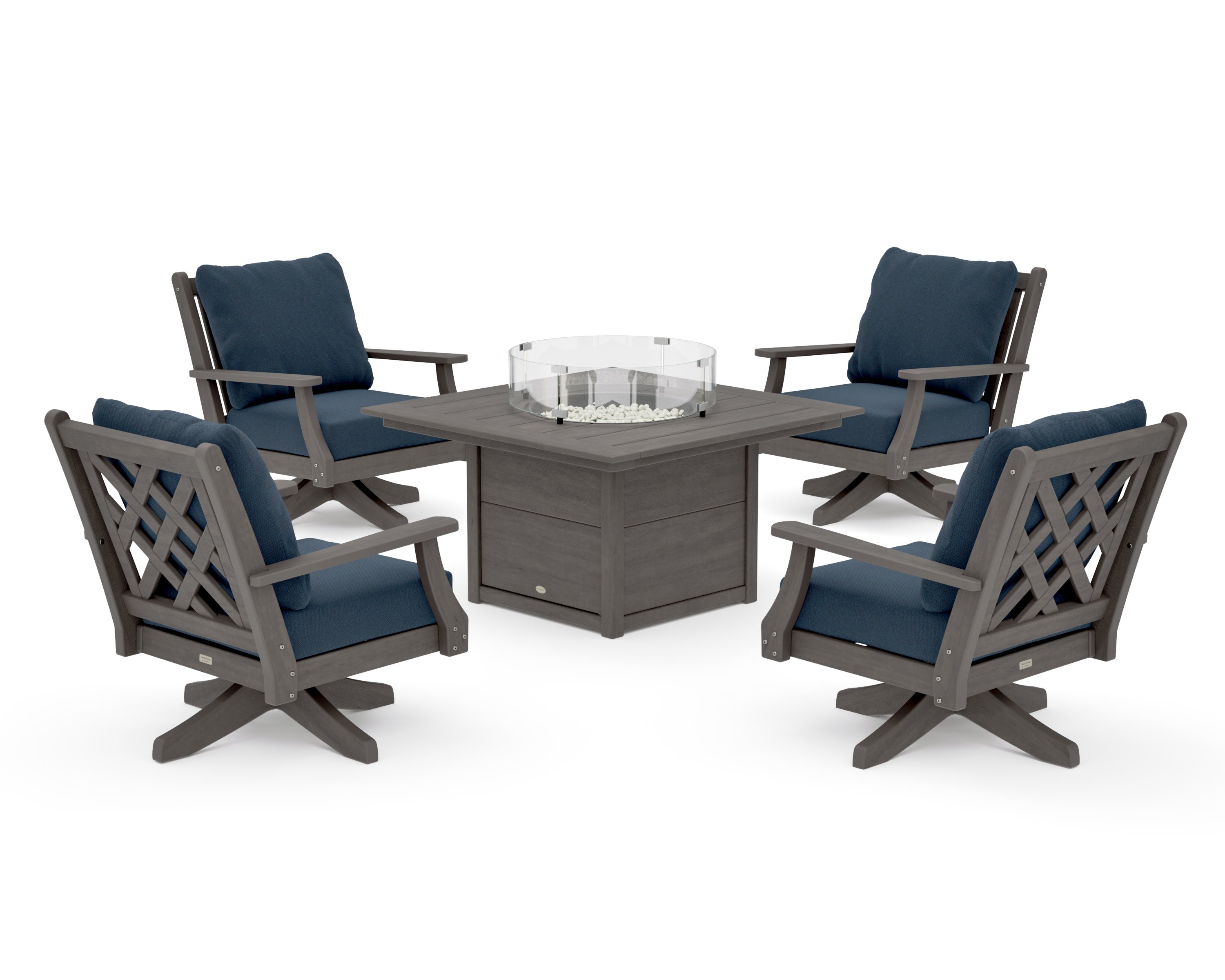 Wovendale 5-Piece Deep Seating Swivel Conversation Set with Fire Pit Table in Driftwood / Marine Indigo