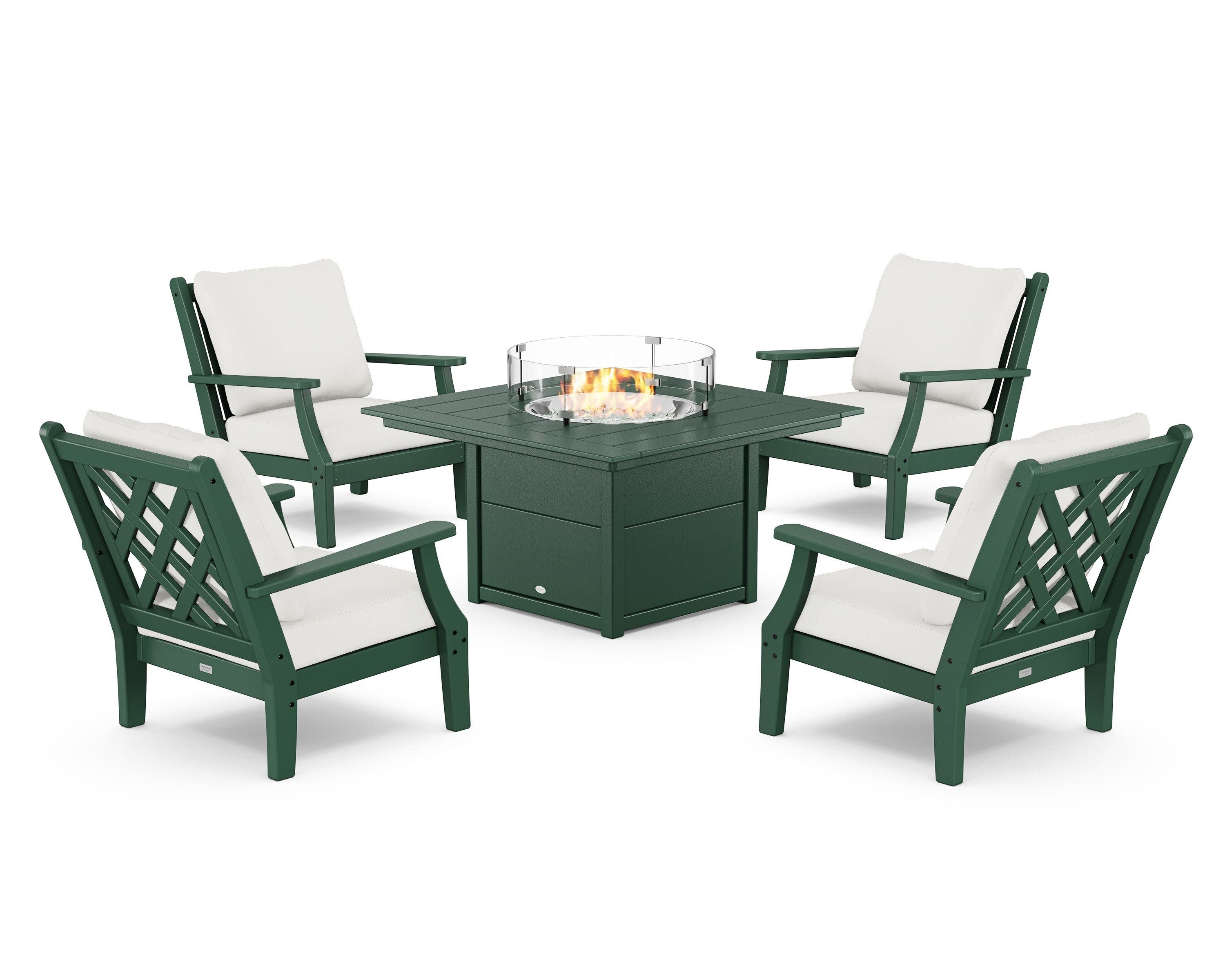 Wovendale 5-Piece Deep Seating Set with Fire Pit Table in Green / Natural Linen
