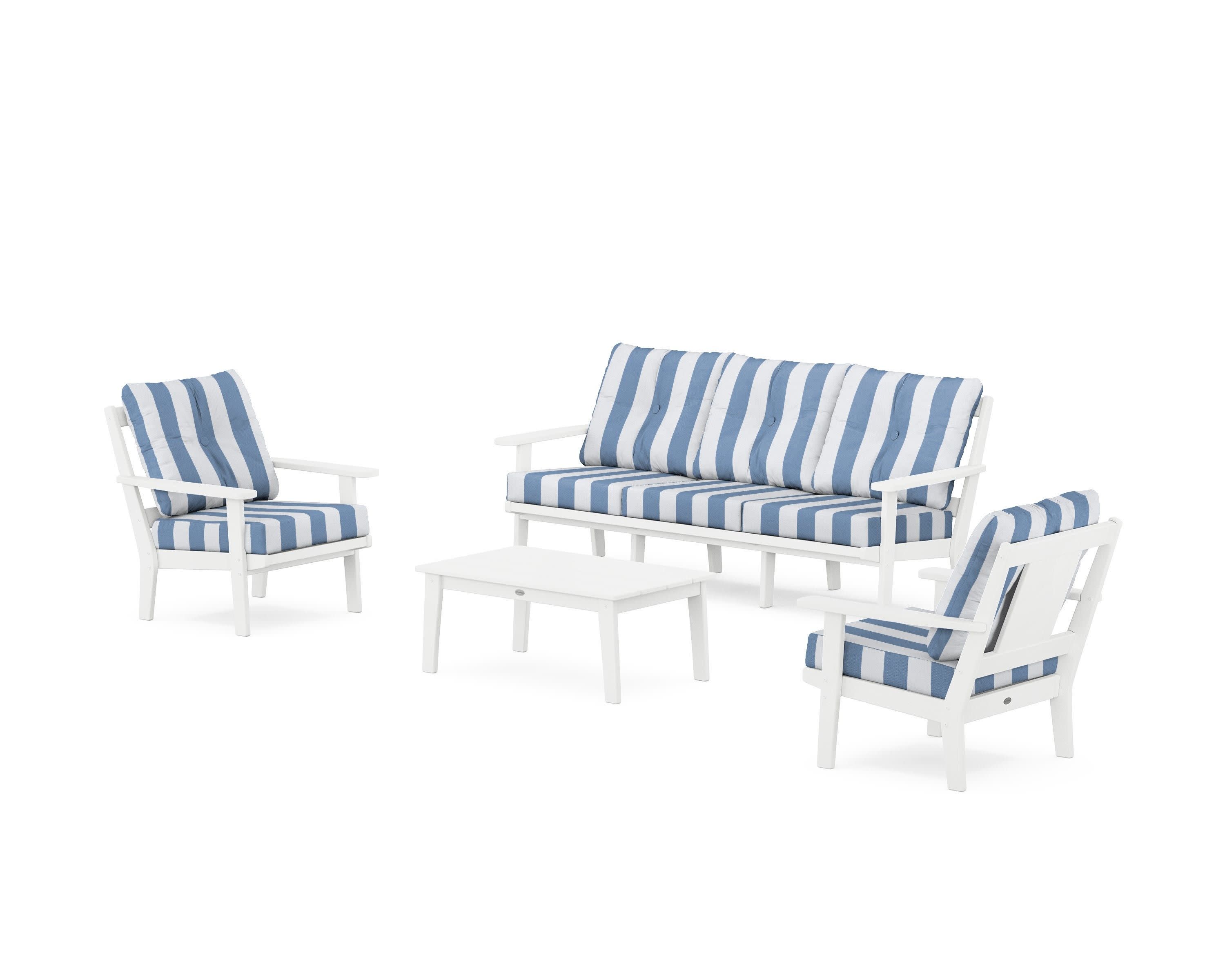 Prairie 4-Piece Deep Seating Set with Sofa in White / Cabana Stripe Sky Blue