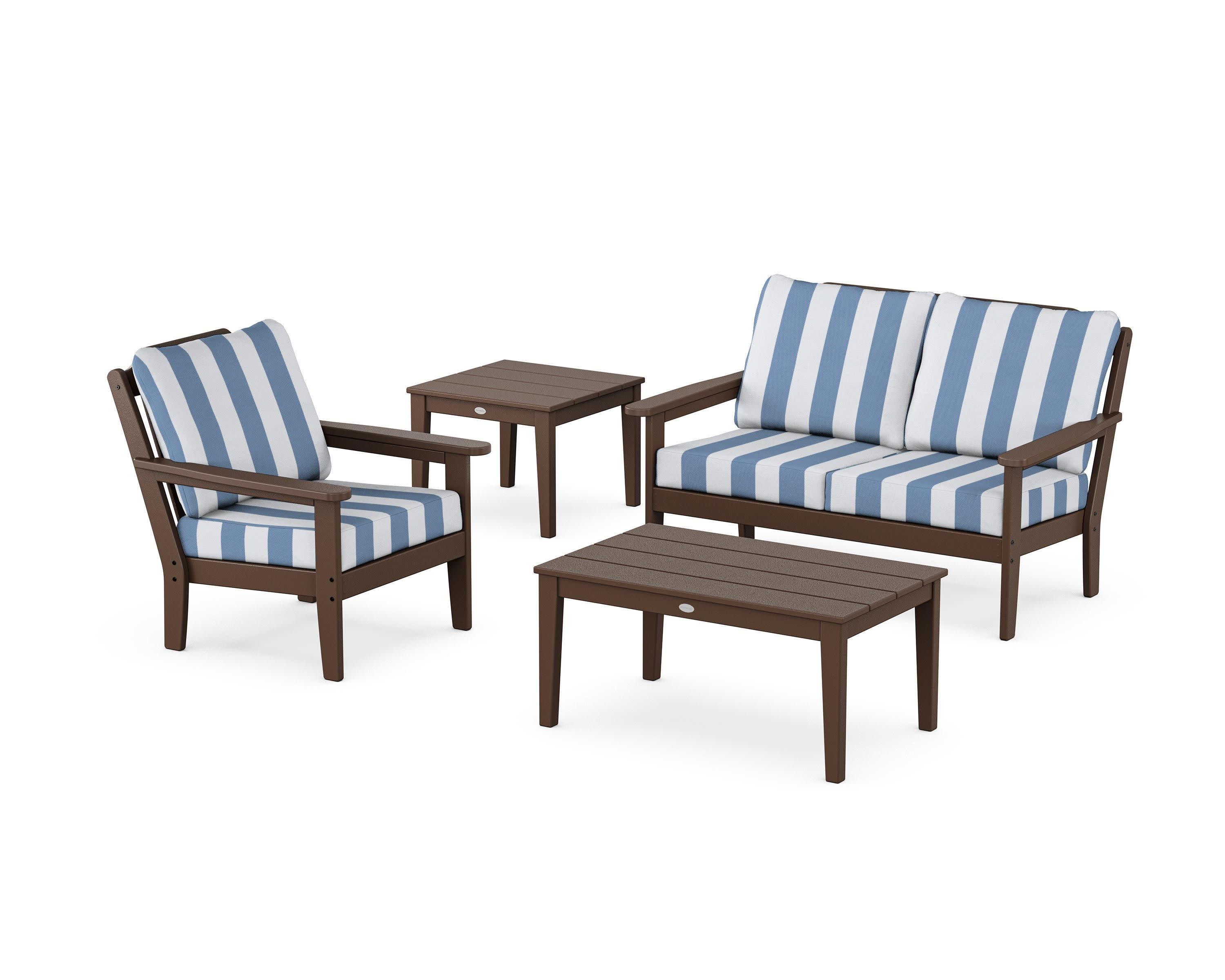 Wovendale 4-Piece Deep Seating Set in Mahogany / Cabana Stripe Sky Blue