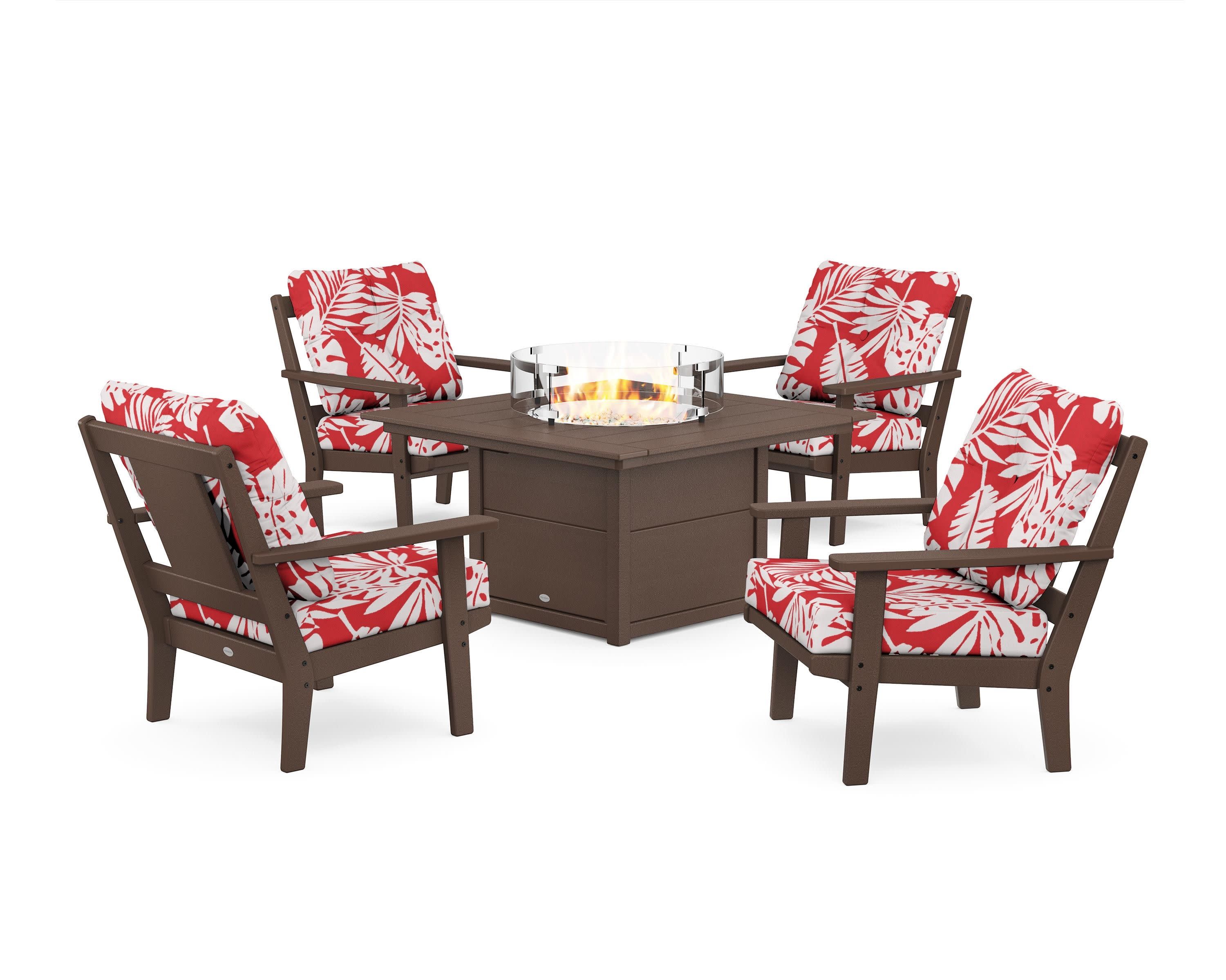 Prairie 5-Piece Deep Seating Set with Fire Pit Table in Mahogany / Leaf Crimson