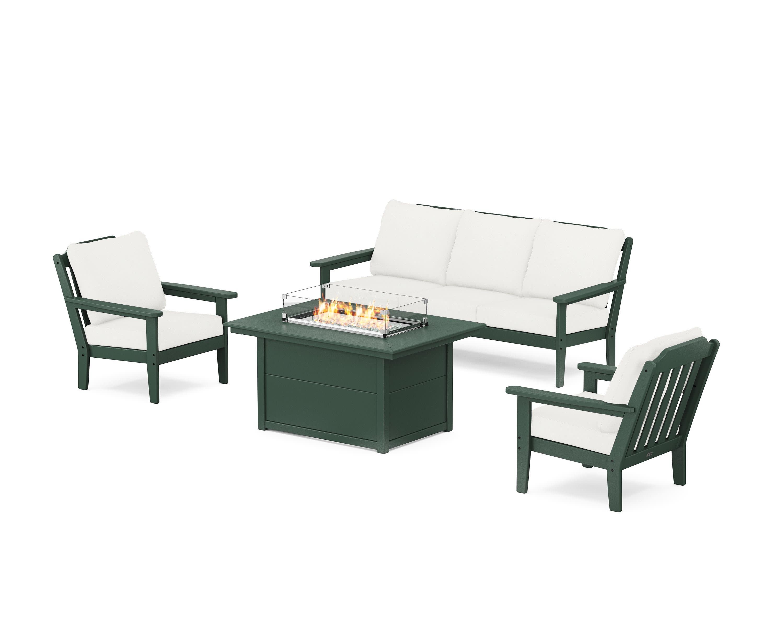 Cottage Deep Seating Fire Pit Table Set in Green / Natural Linen