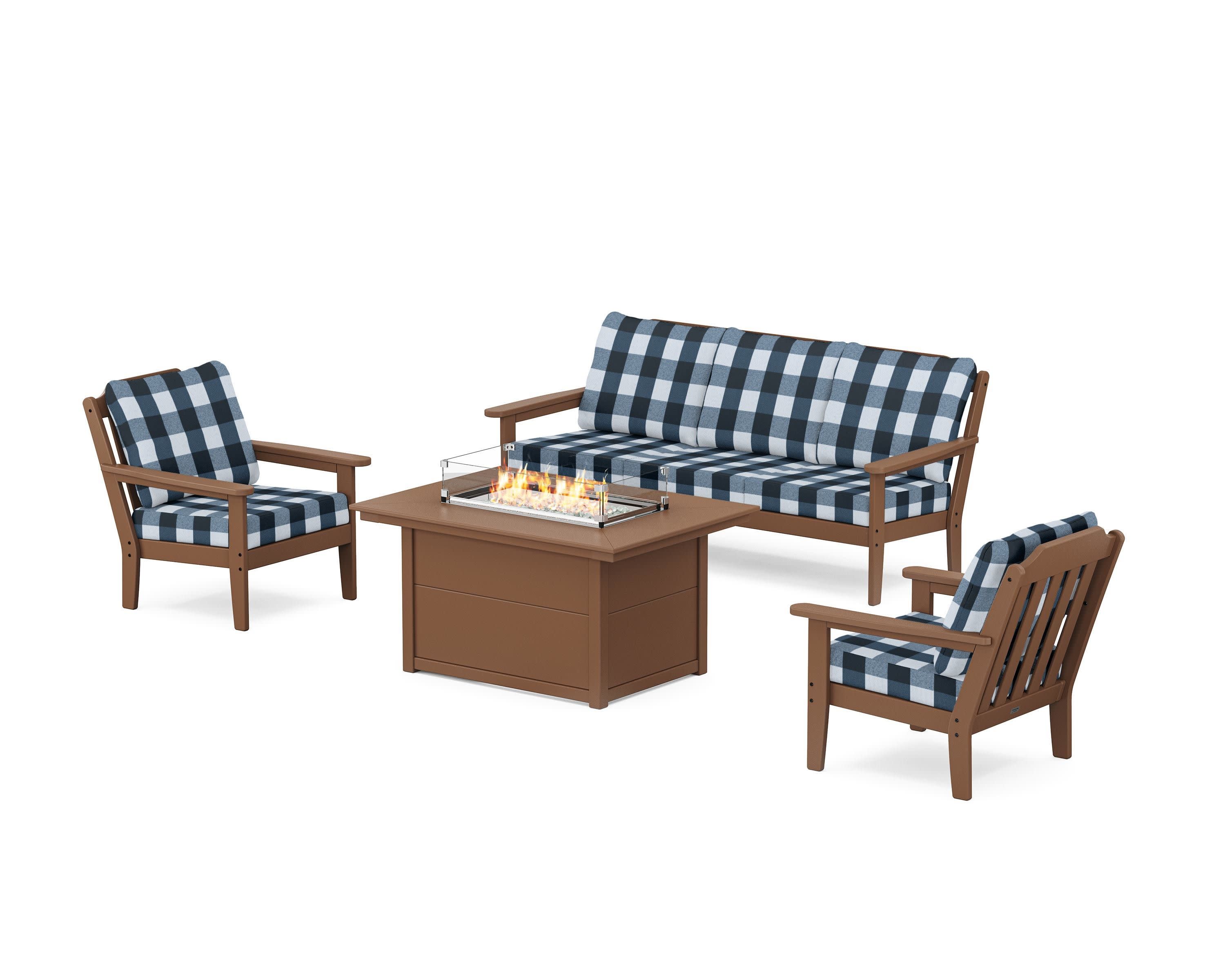 Cottage Deep Seating Fire Pit Table Set in Teak / Buffalo Plaid Marine Indigo