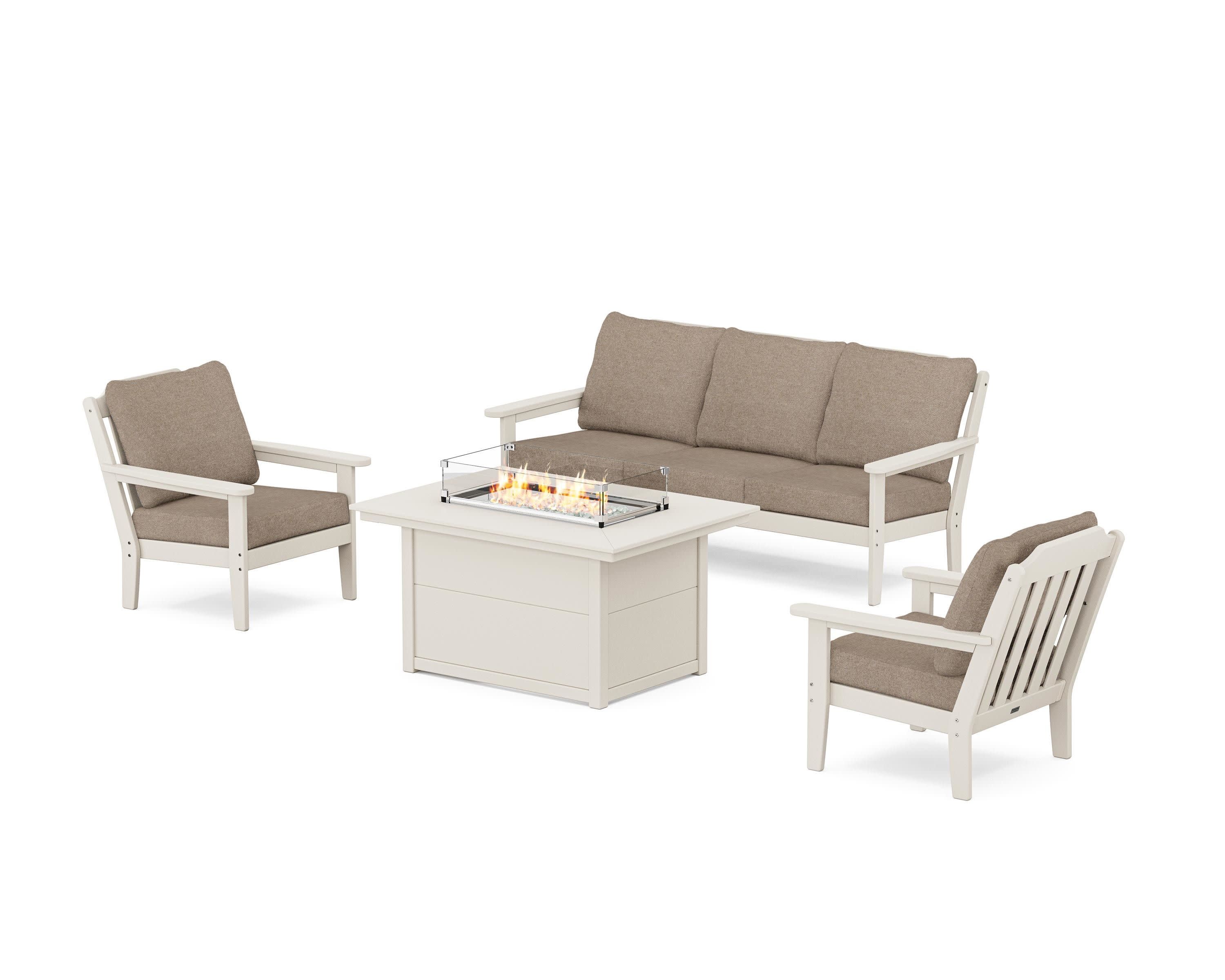 Cottage Deep Seating Fire Pit Table Set in Sand / Spiced Burlap