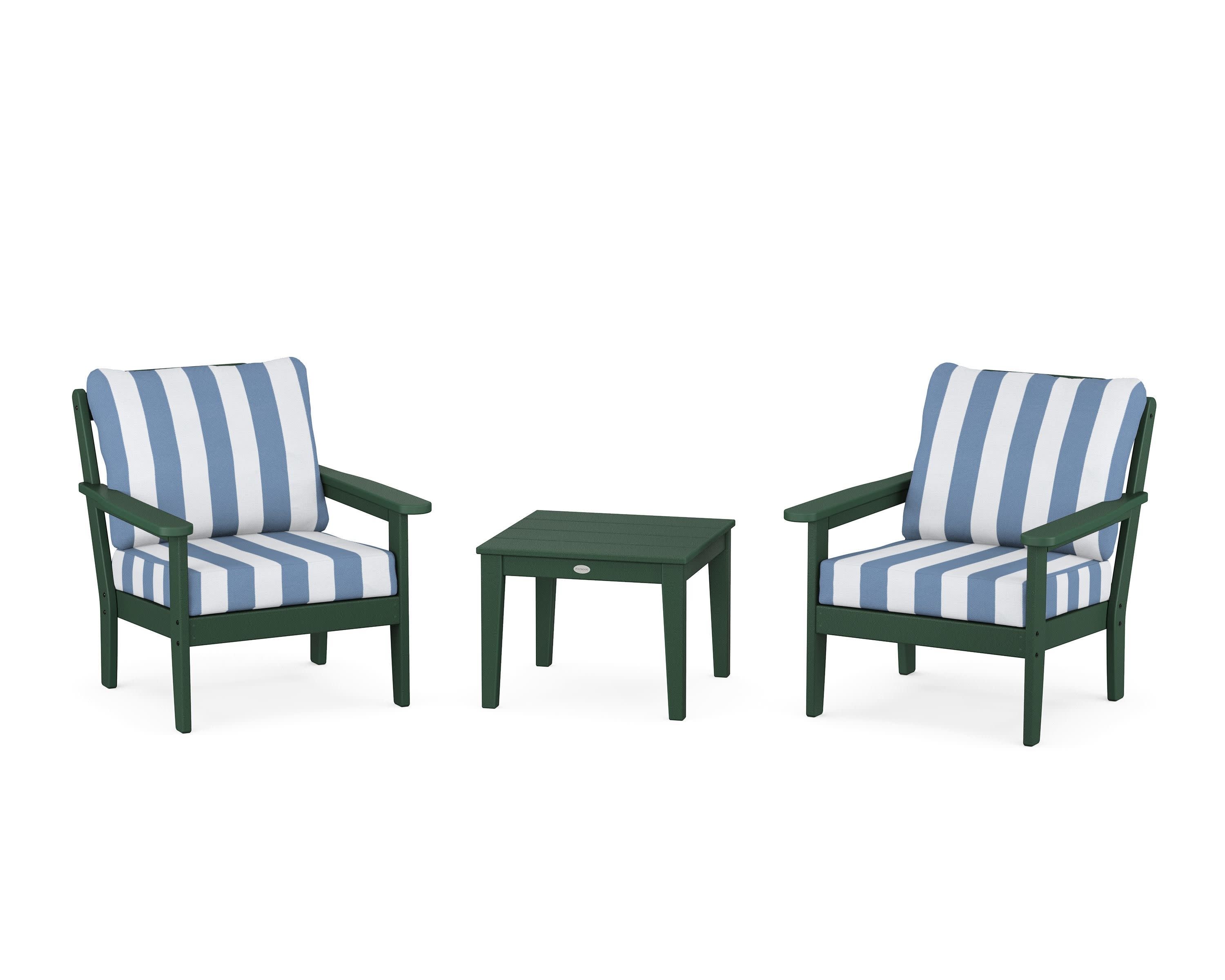 Cottage 3-Piece Deep Seating Set in Green / Cabana Stripe Sky Blue