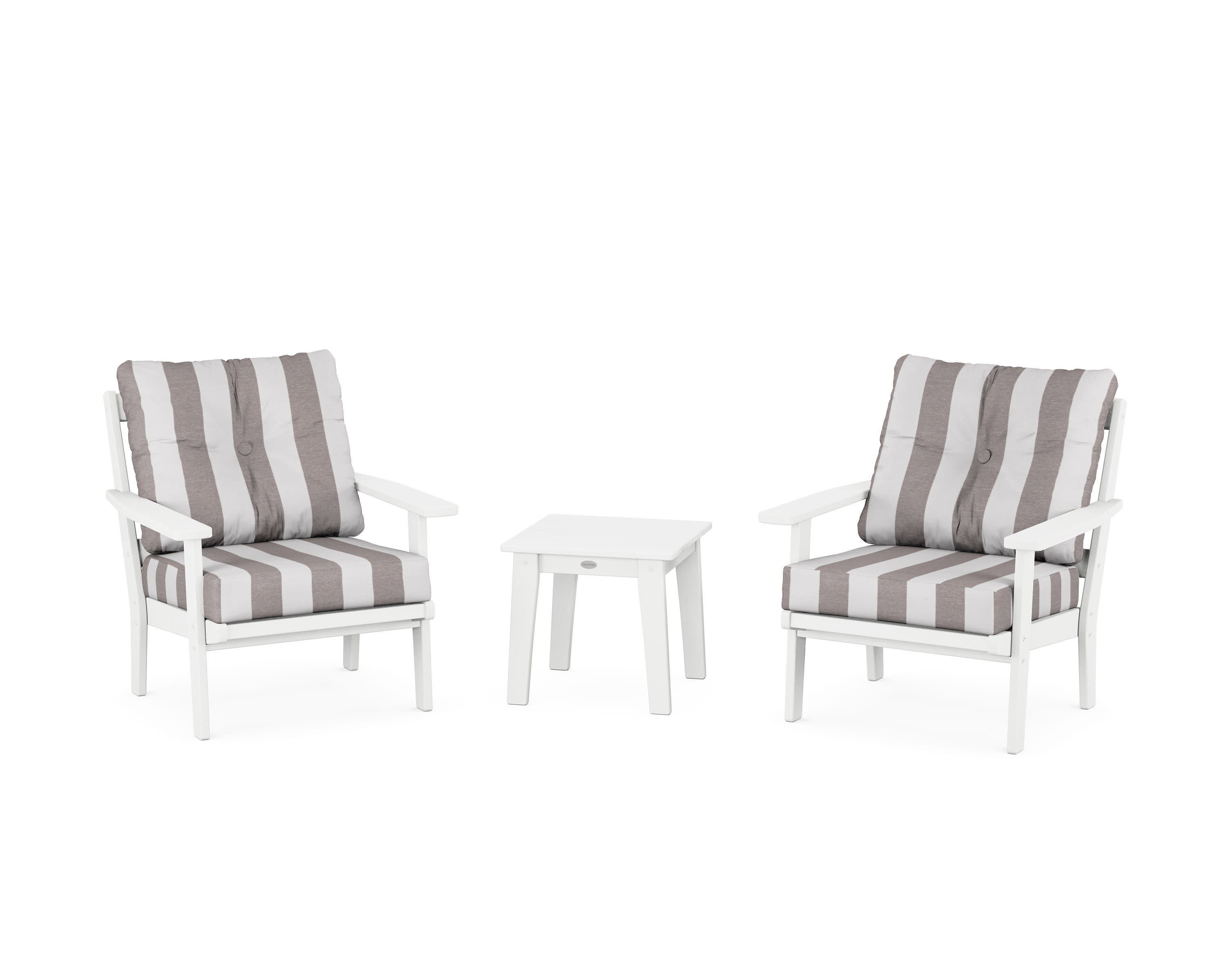 Prairie 3-Piece Deep Seating Set in White / Cabana Stripe Grey Mist