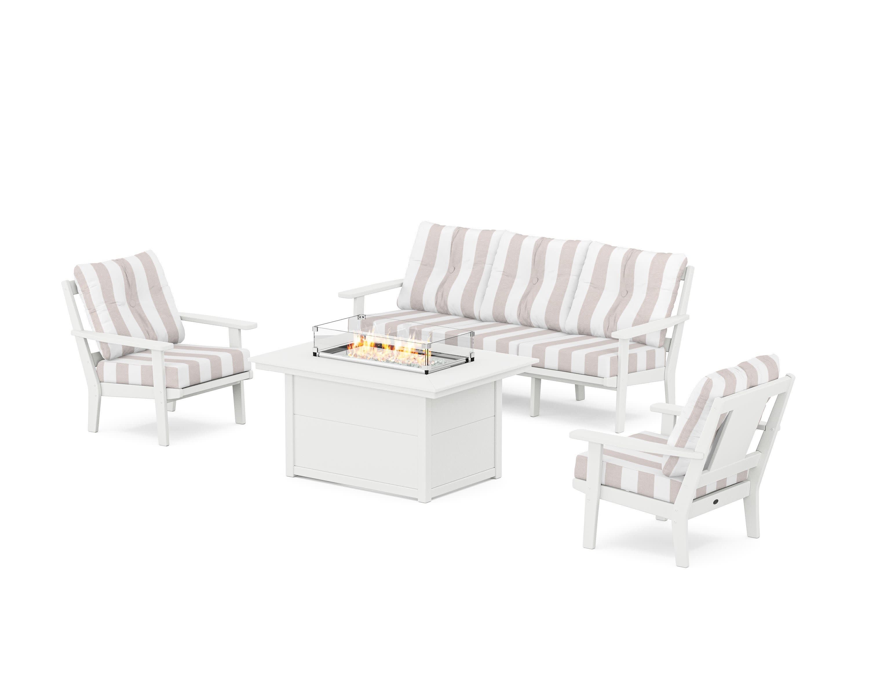 Prairie Deep Seating Fire Pit Table Set in White / Cabana Stripe Dune Burlap