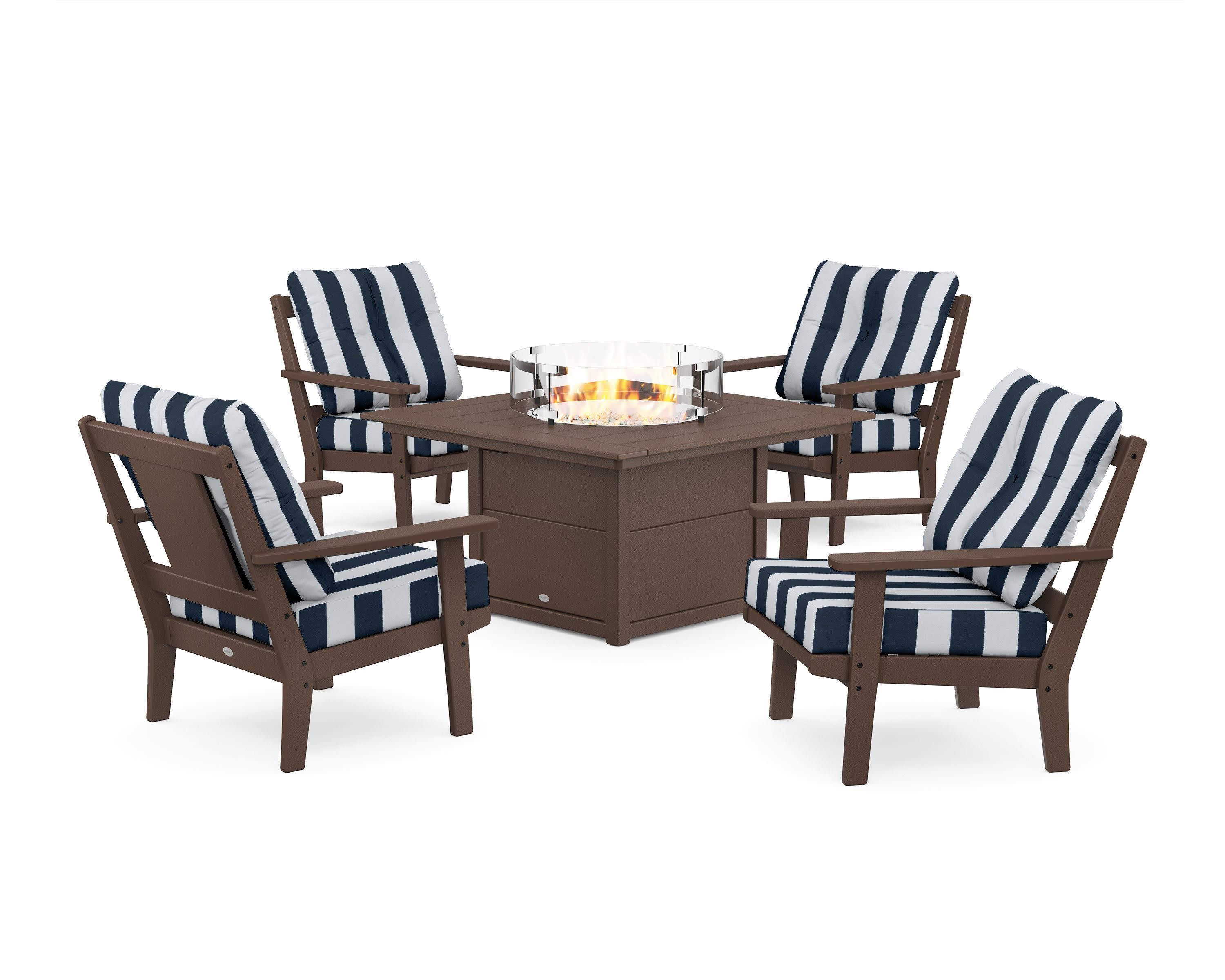 Prairie 5-Piece Deep Seating Set with Fire Pit Table in Mahogany / Cabana Stripe Marine Indigo