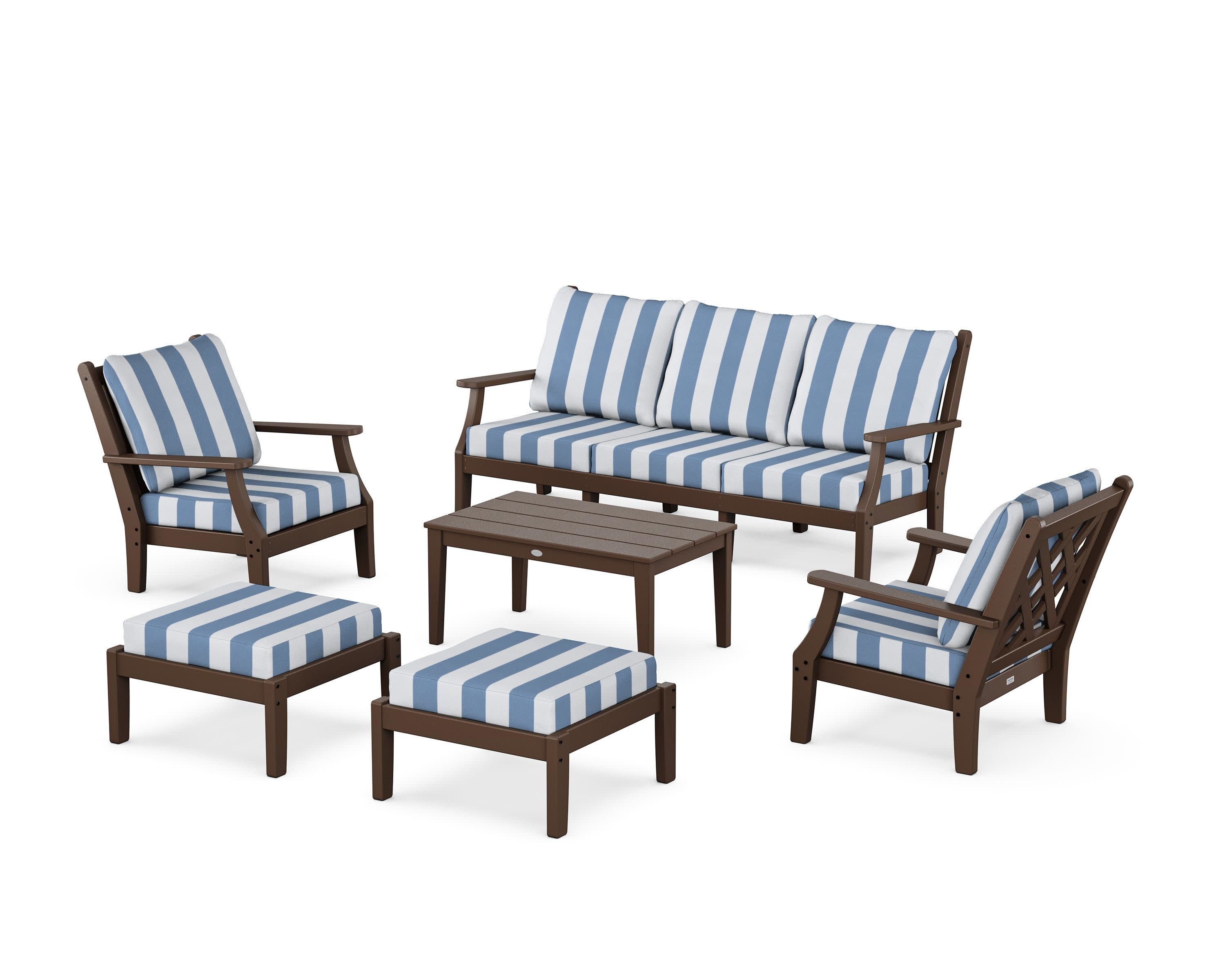Wovendale 6-Piece Lounge Sofa Set in Mahogany / Cabana Stripe Sky Blue