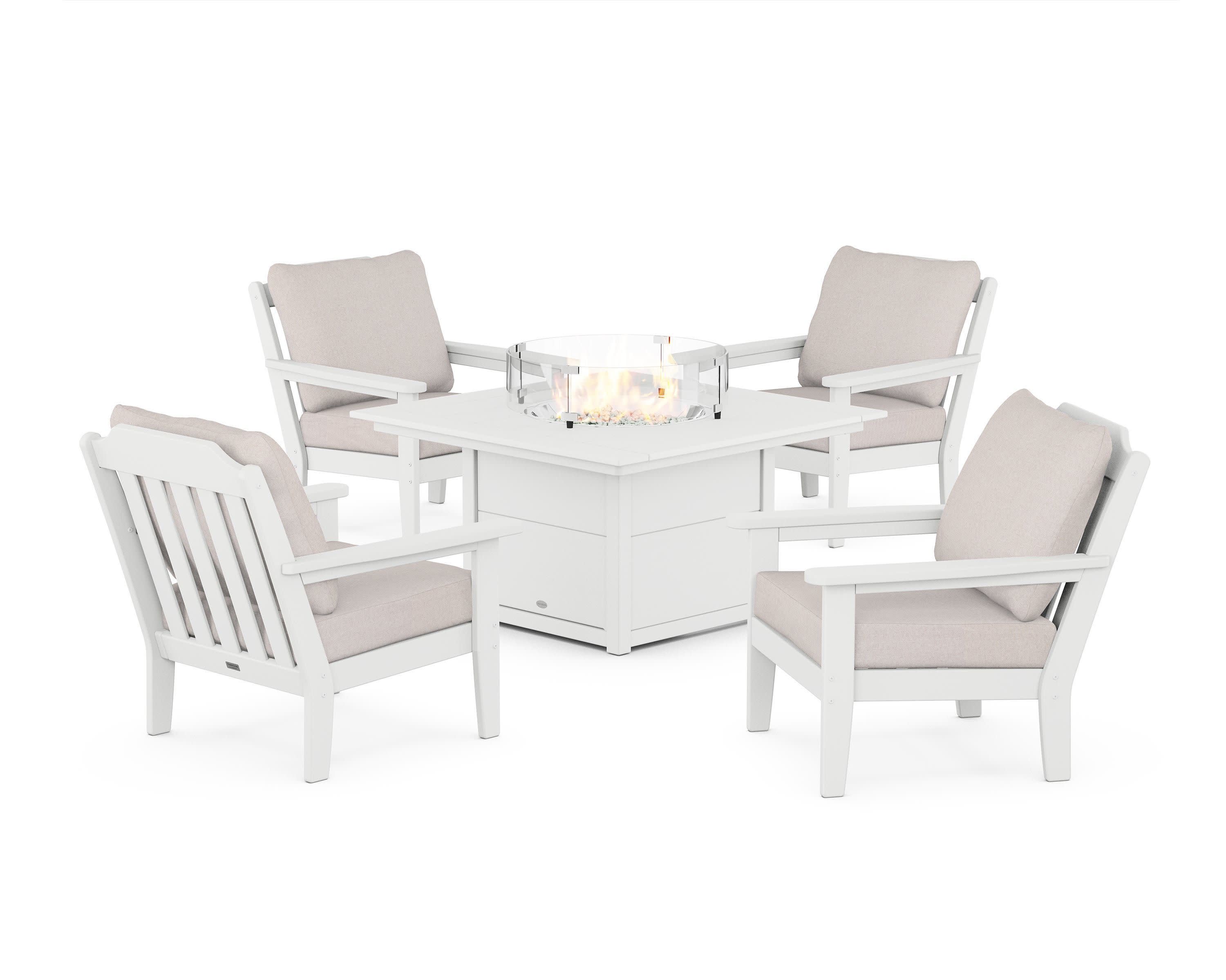 Cottage 5-Piece Deep Seating Set with Fire Pit Table in White / Dune Burlap