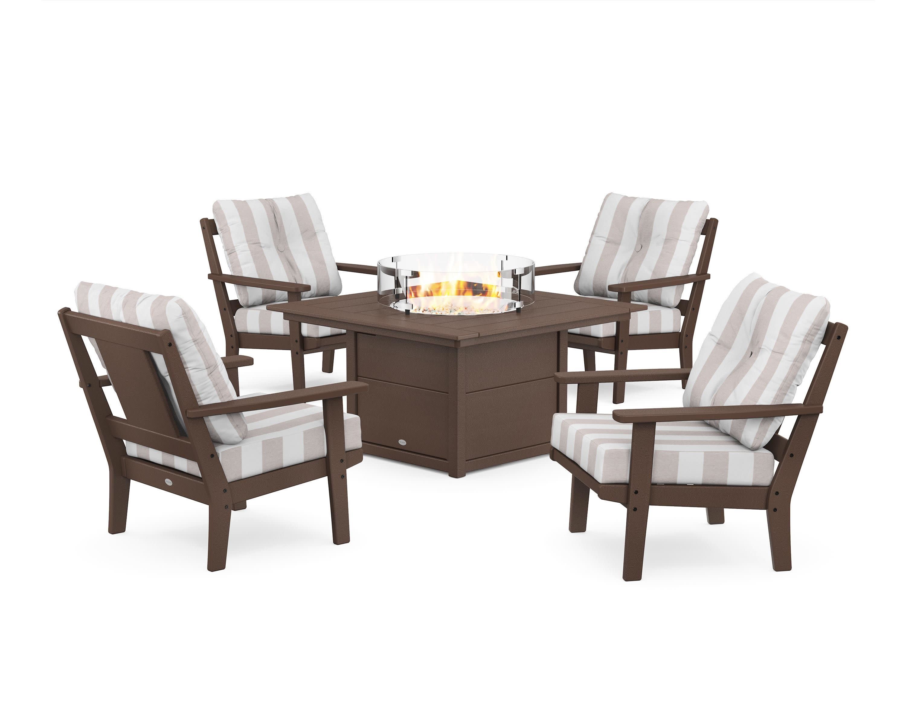 Prairie 5-Piece Deep Seating Set with Fire Pit Table in Mahogany / Cabana Stripe Dune Burlap