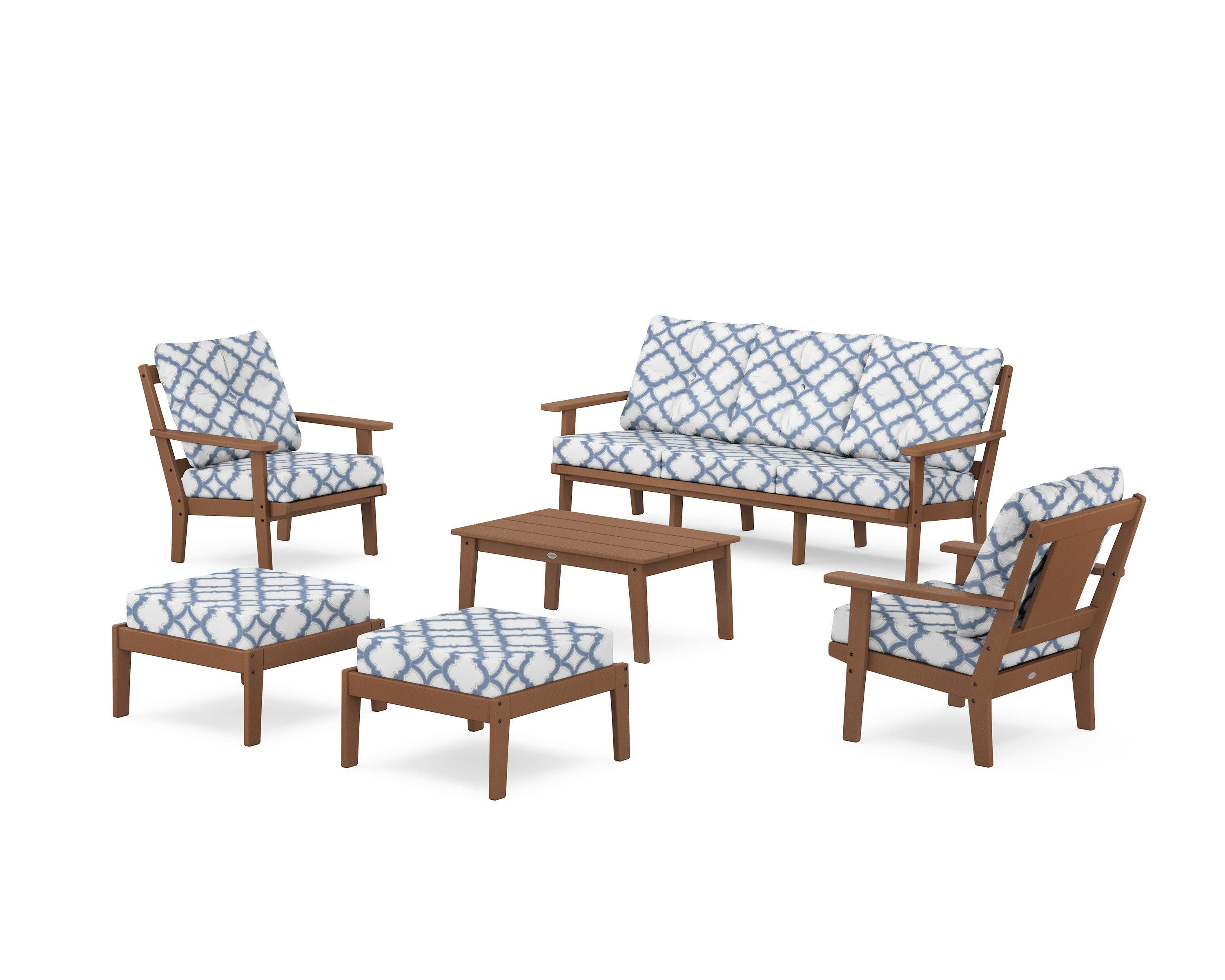 Prairie 6-Piece Lounge Sofa Set in Teak / Trellis Sky Blue