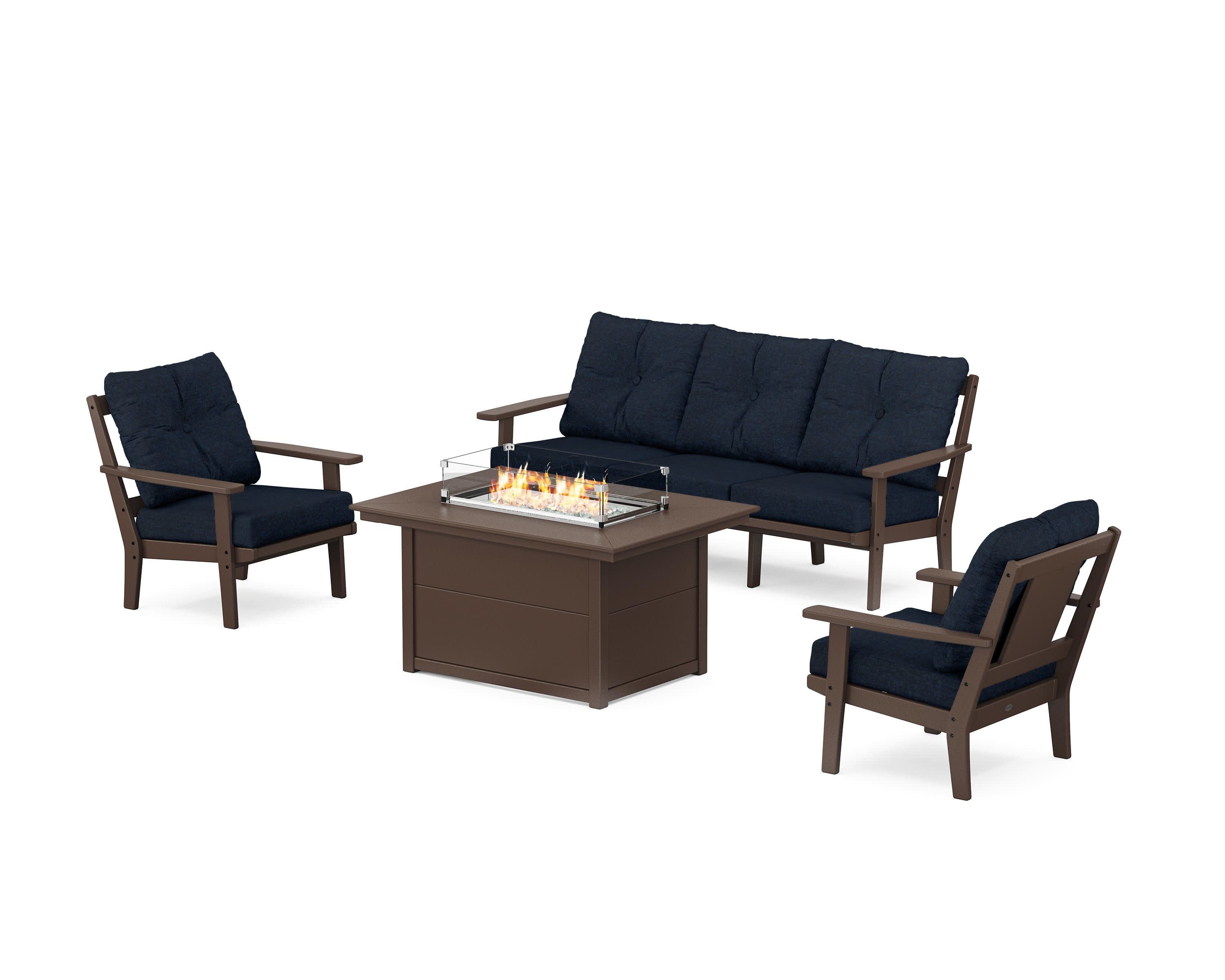 Prairie Deep Seating Fire Pit Table Set in Mahogany / Marine Indigo