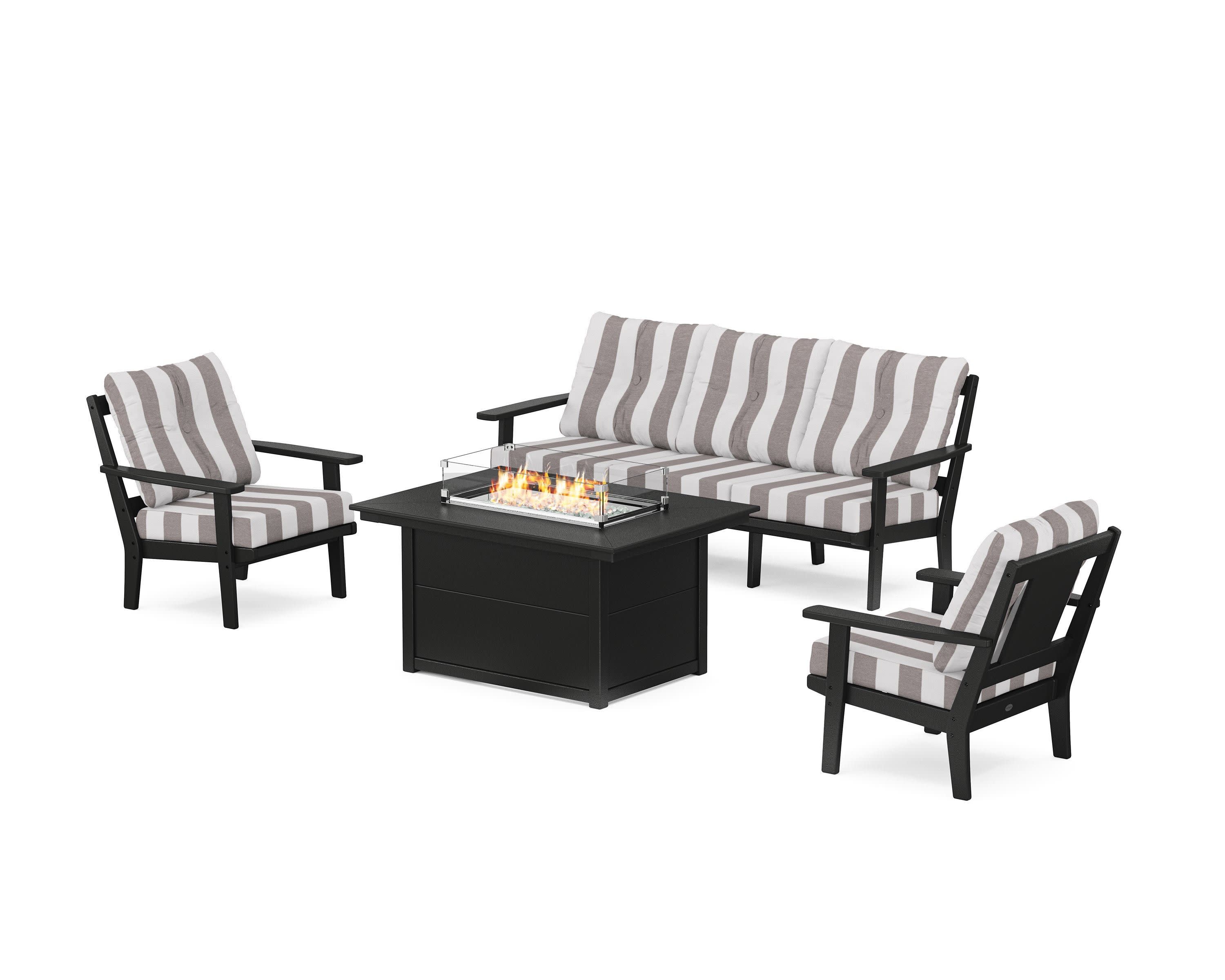 Prairie Deep Seating Fire Pit Table Set in Black / Cabana Stripe Grey Mist