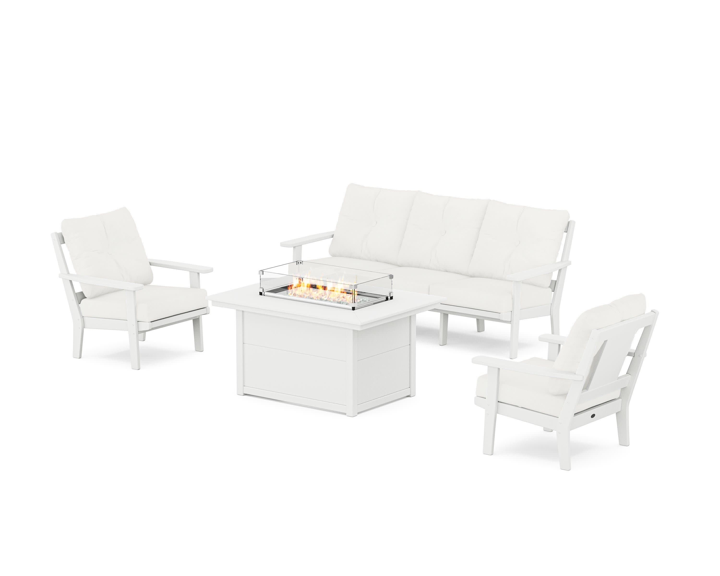 Prairie Deep Seating Fire Pit Table Set in White / Natural Linen