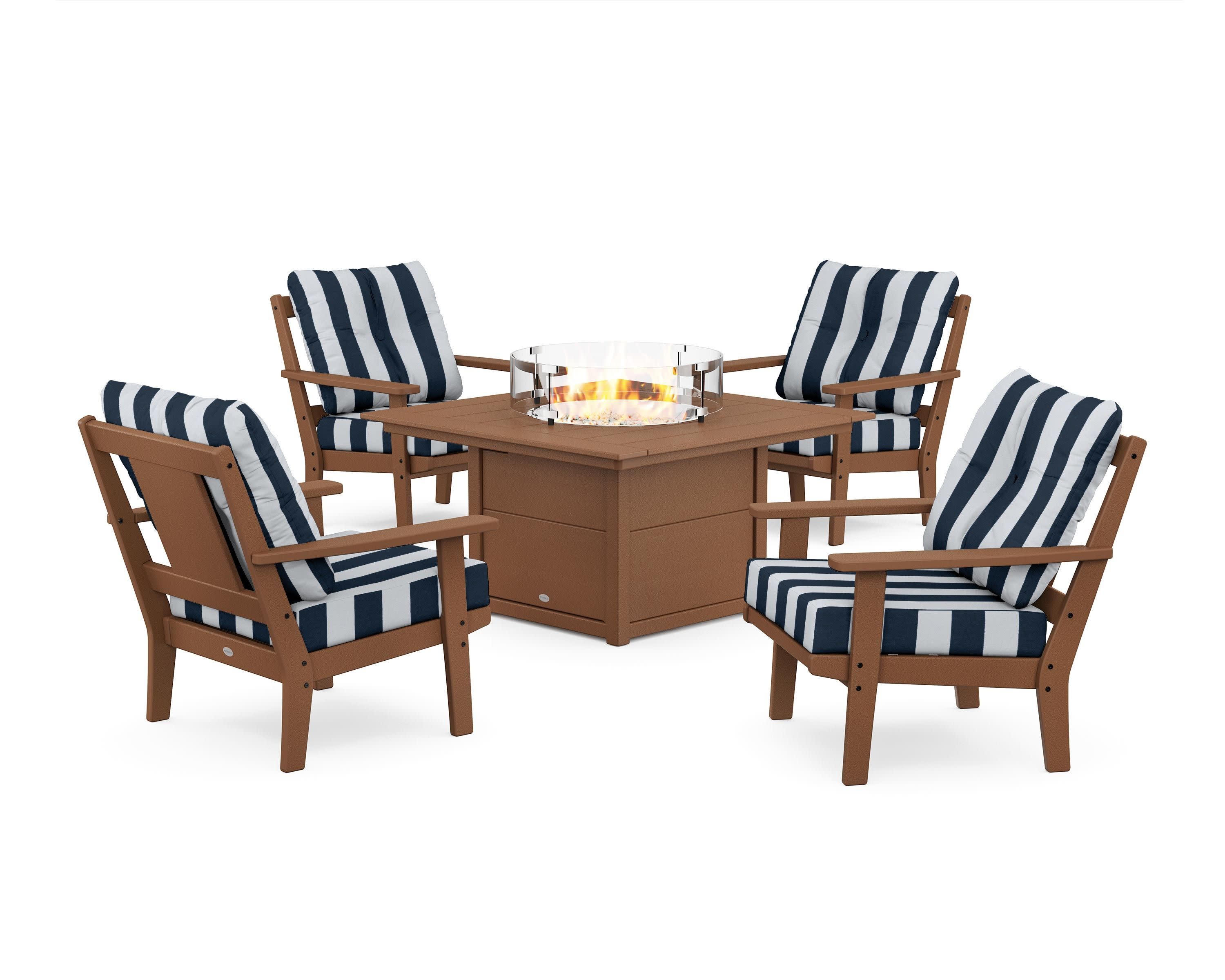 Prairie 5-Piece Deep Seating Set with Fire Pit Table in Teak / Cabana Stripe Marine Indigo
