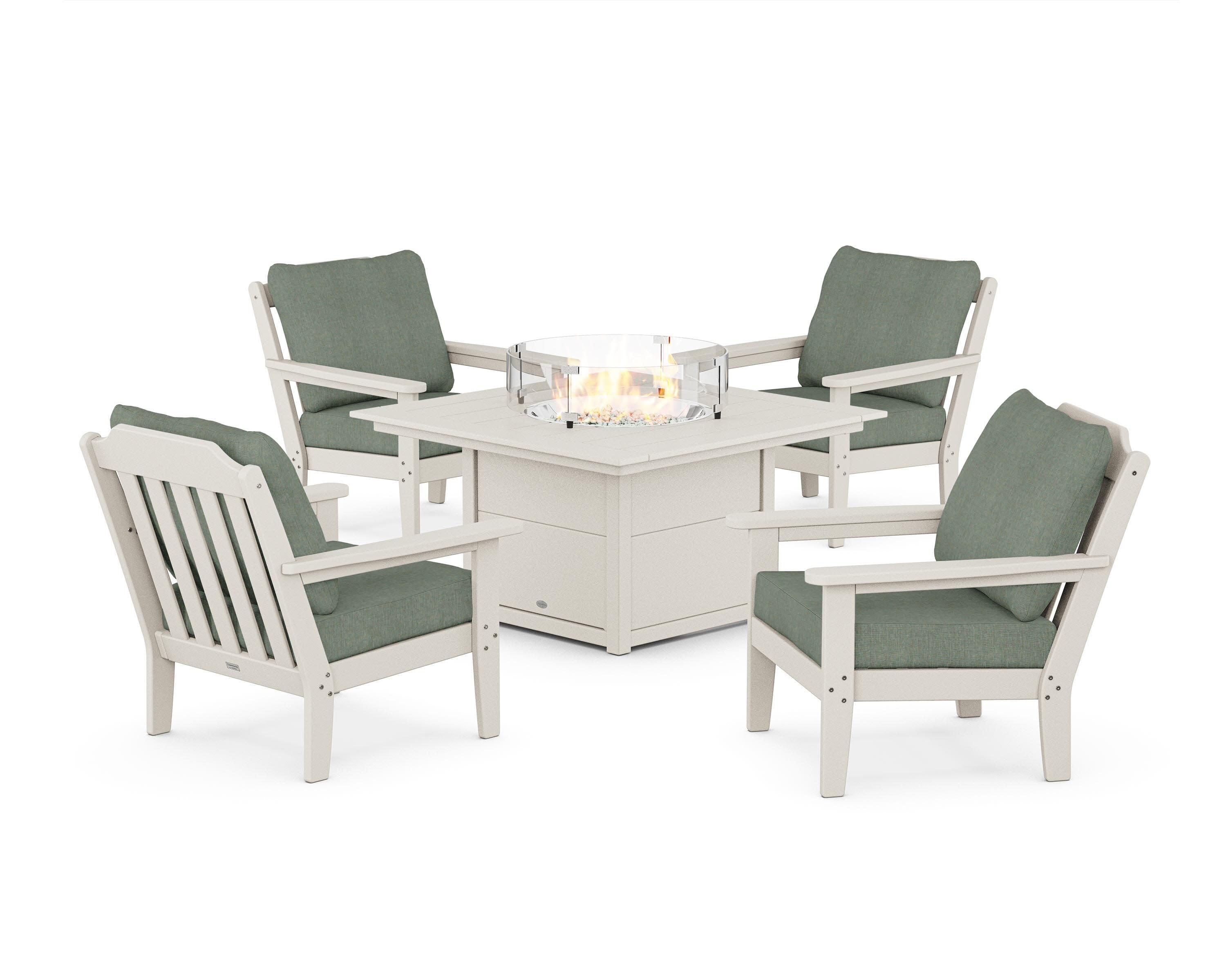 Cottage 5-Piece Deep Seating Set with Fire Pit Table in Sand / Cast Sage