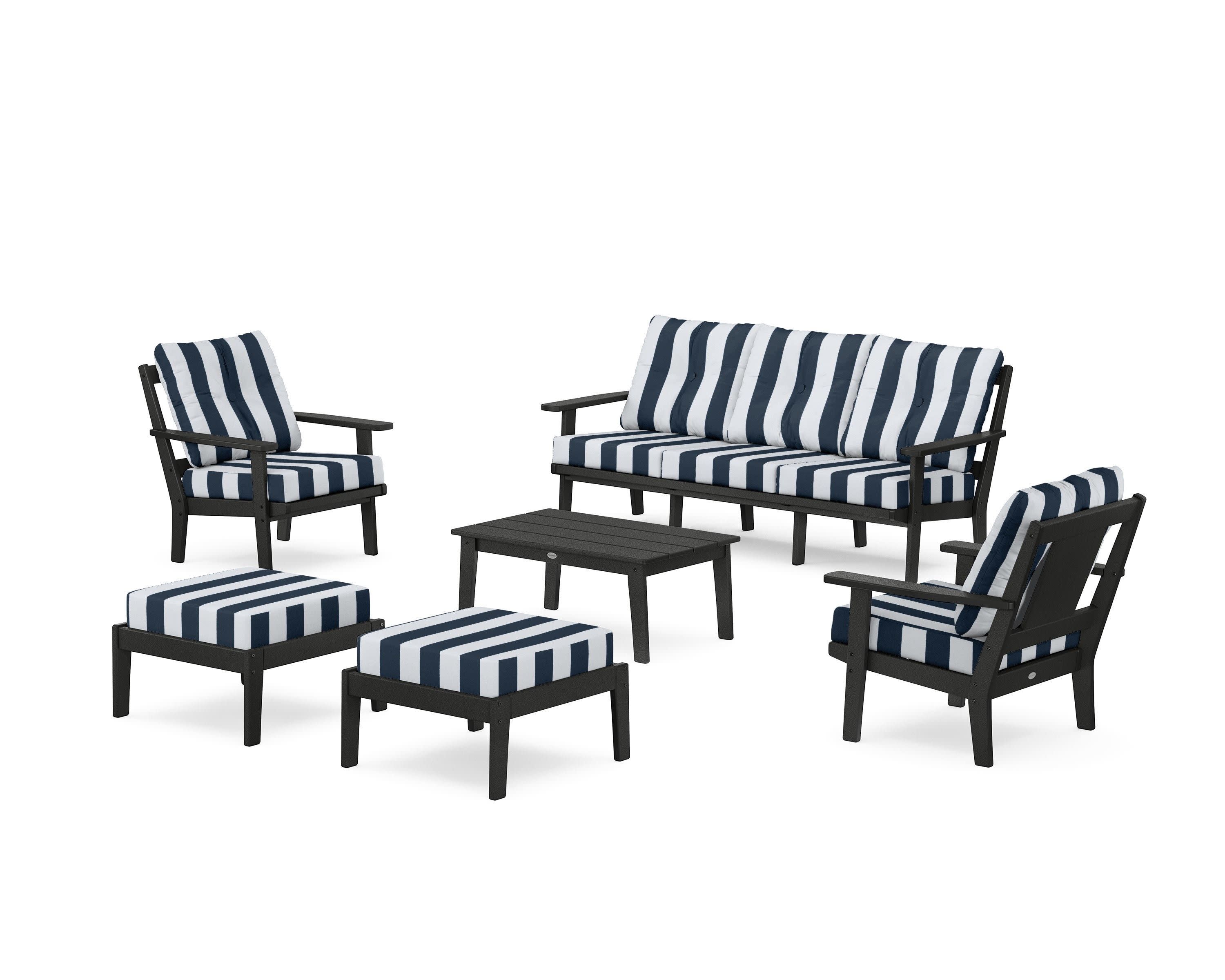 Prairie 6-Piece Lounge Sofa Set in Black / Cabana Stripe Marine Indigo