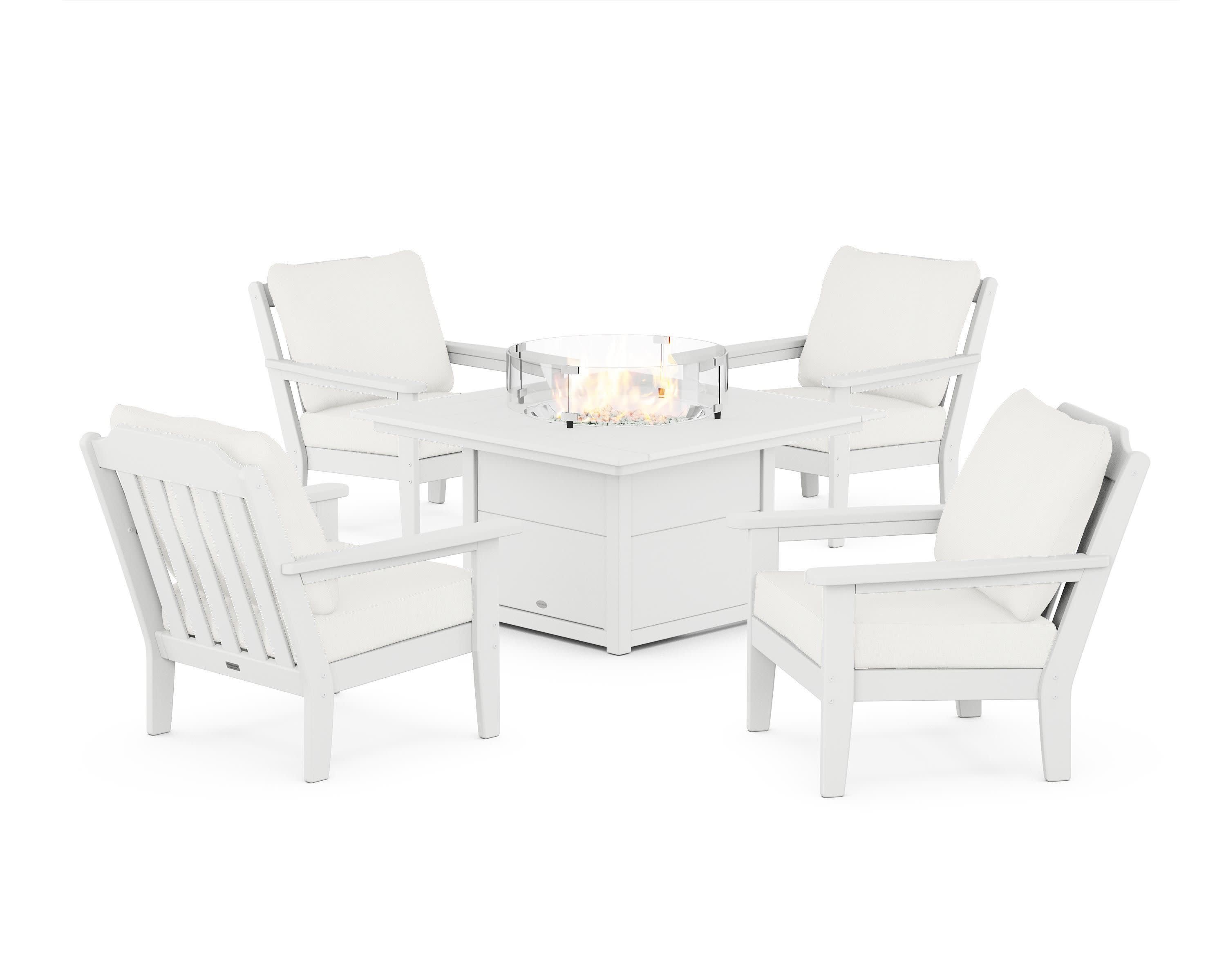 Cottage 5-Piece Deep Seating Set with Fire Pit Table in White / Natural Linen