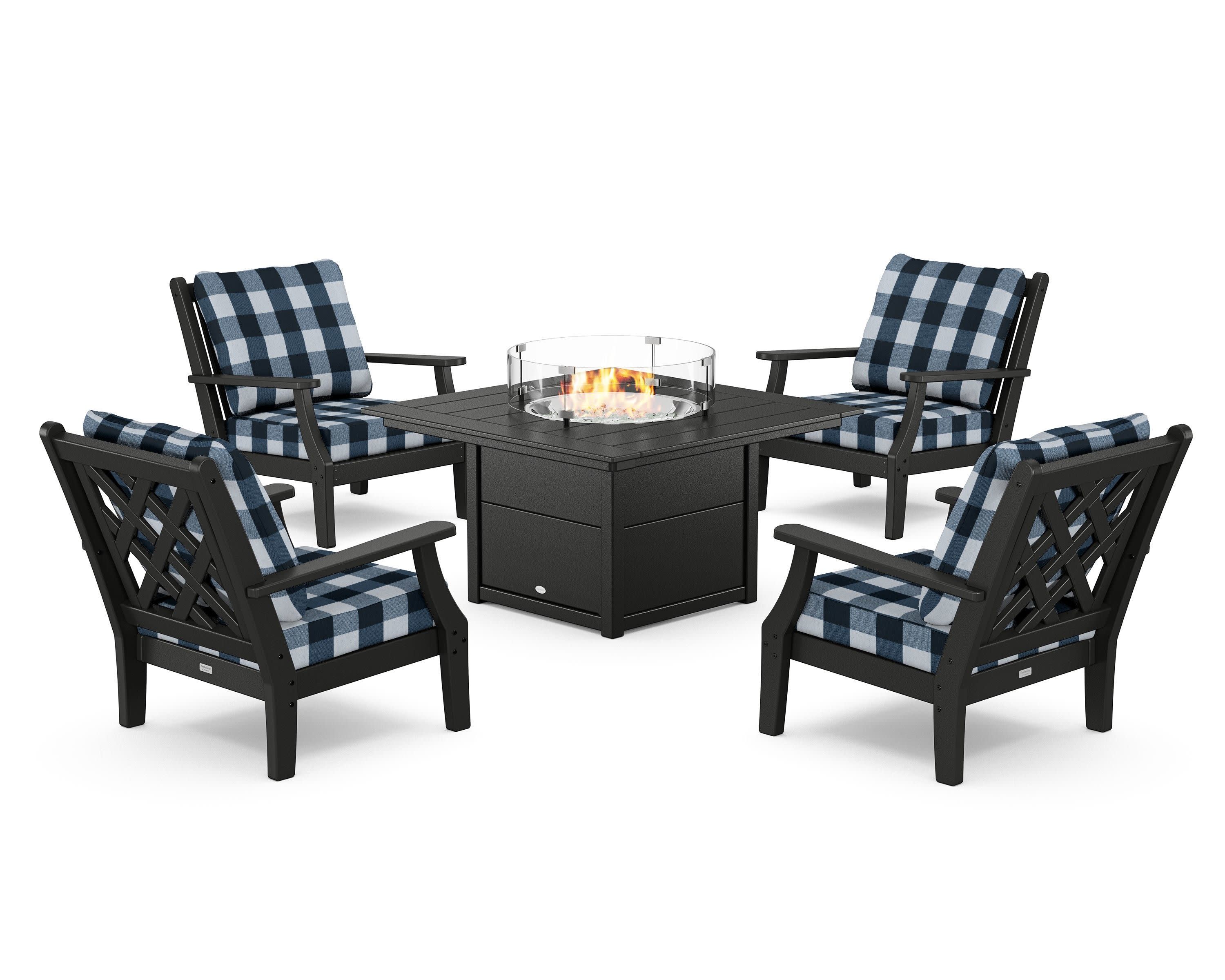 Wovendale 5-Piece Deep Seating Set with Fire Pit Table in Black / Buffalo Plaid Marine Indigo