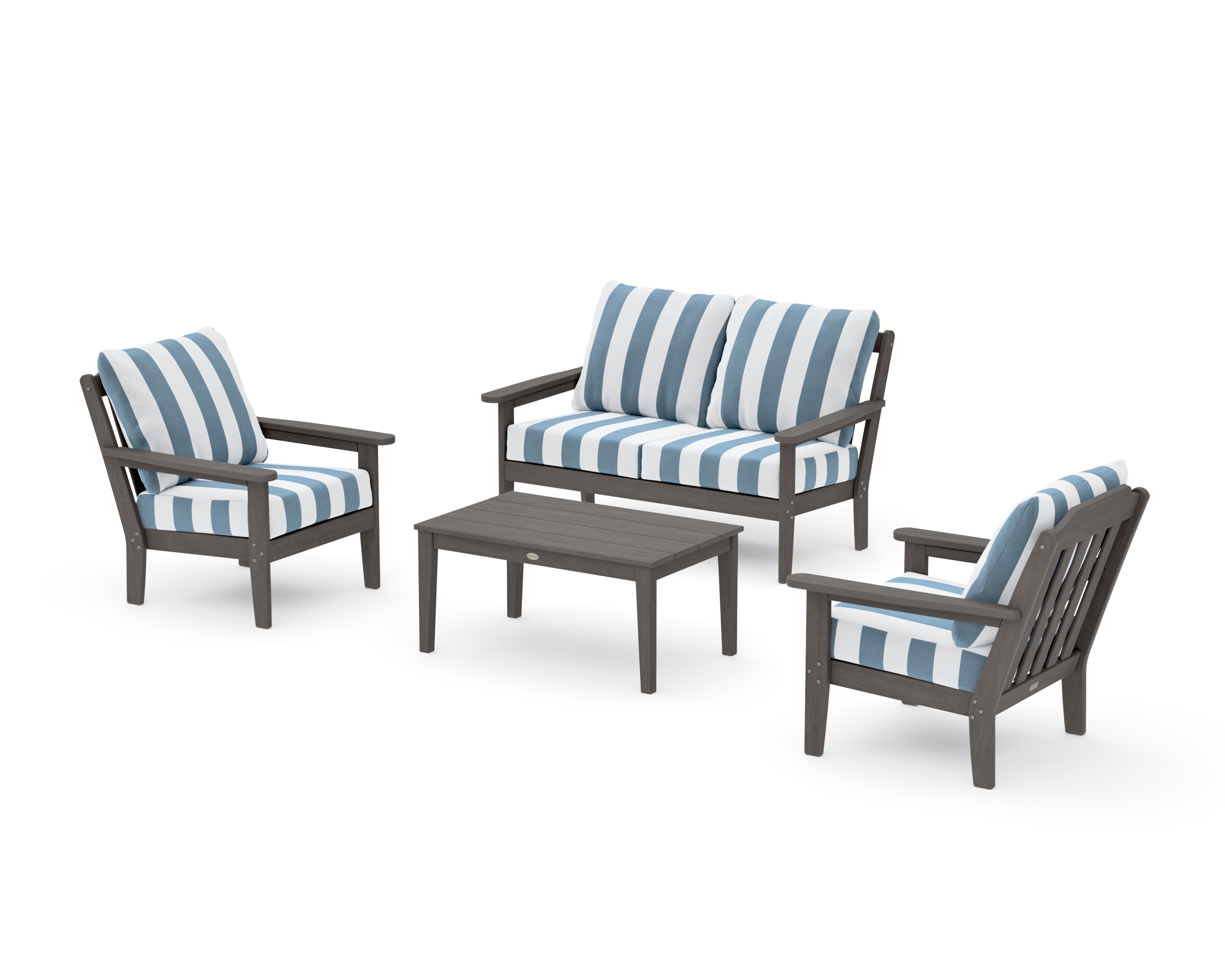 Cottage 4-Piece Deep Seating Set with Loveseat in Driftwood / Cabana Stripe Sky Blue
