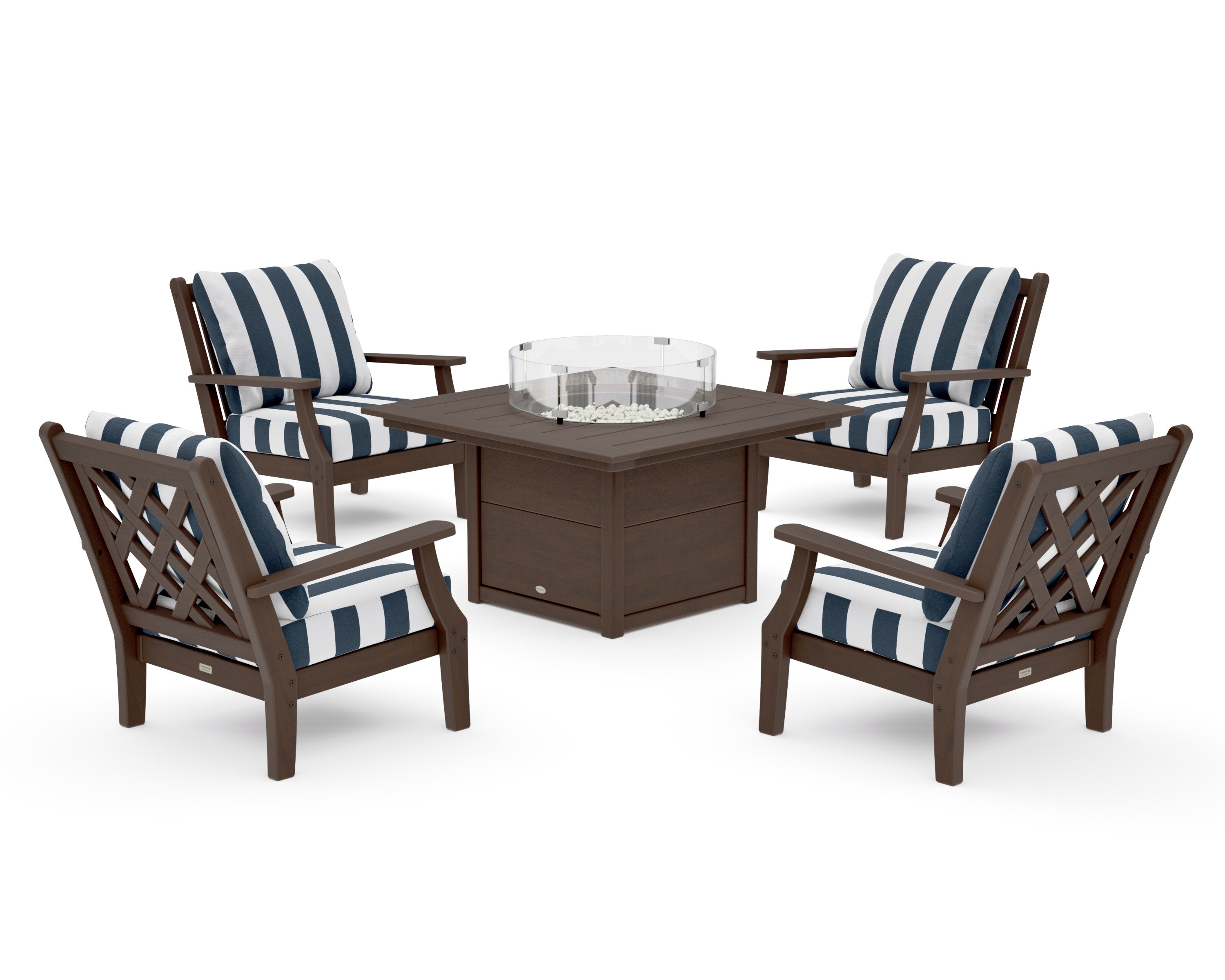 Wovendale 5-Piece Deep Seating Set with Fire Pit Table in Kona / Cabana Stripe Marine Indigo
