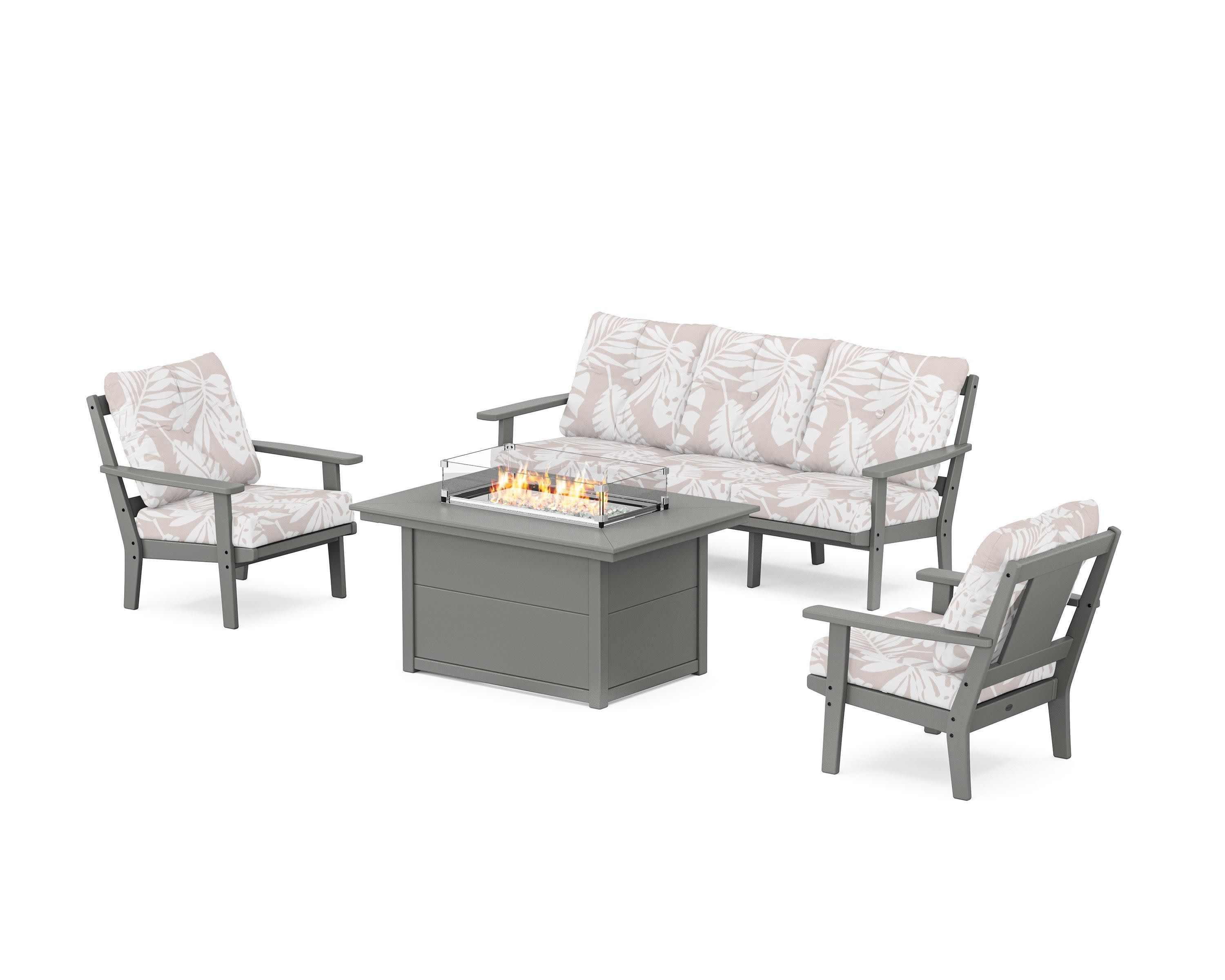 Prairie Deep Seating Fire Pit Table Set in Slate Grey / Leaf Dune Burlap