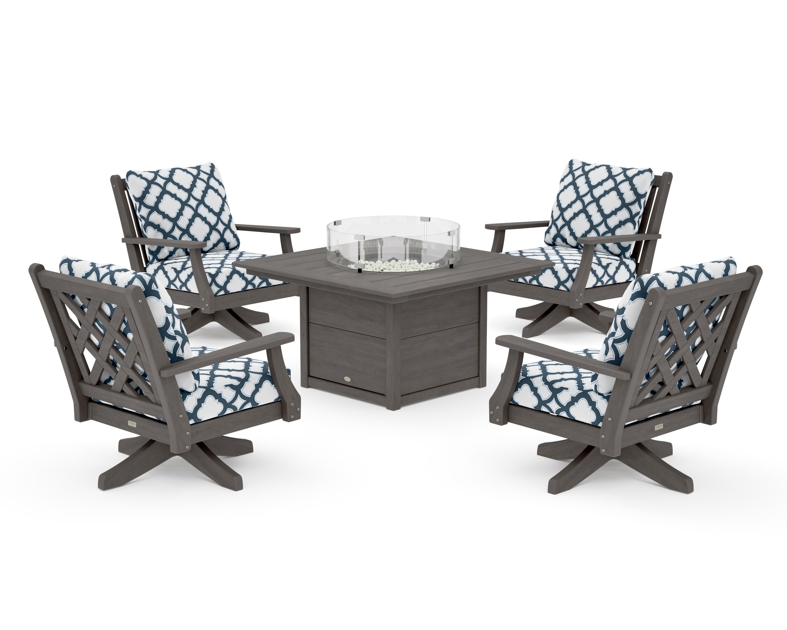 Wovendale 5-Piece Deep Seating Swivel Conversation Set with Fire Pit Table in Driftwood / Trellis Marine Indigo
