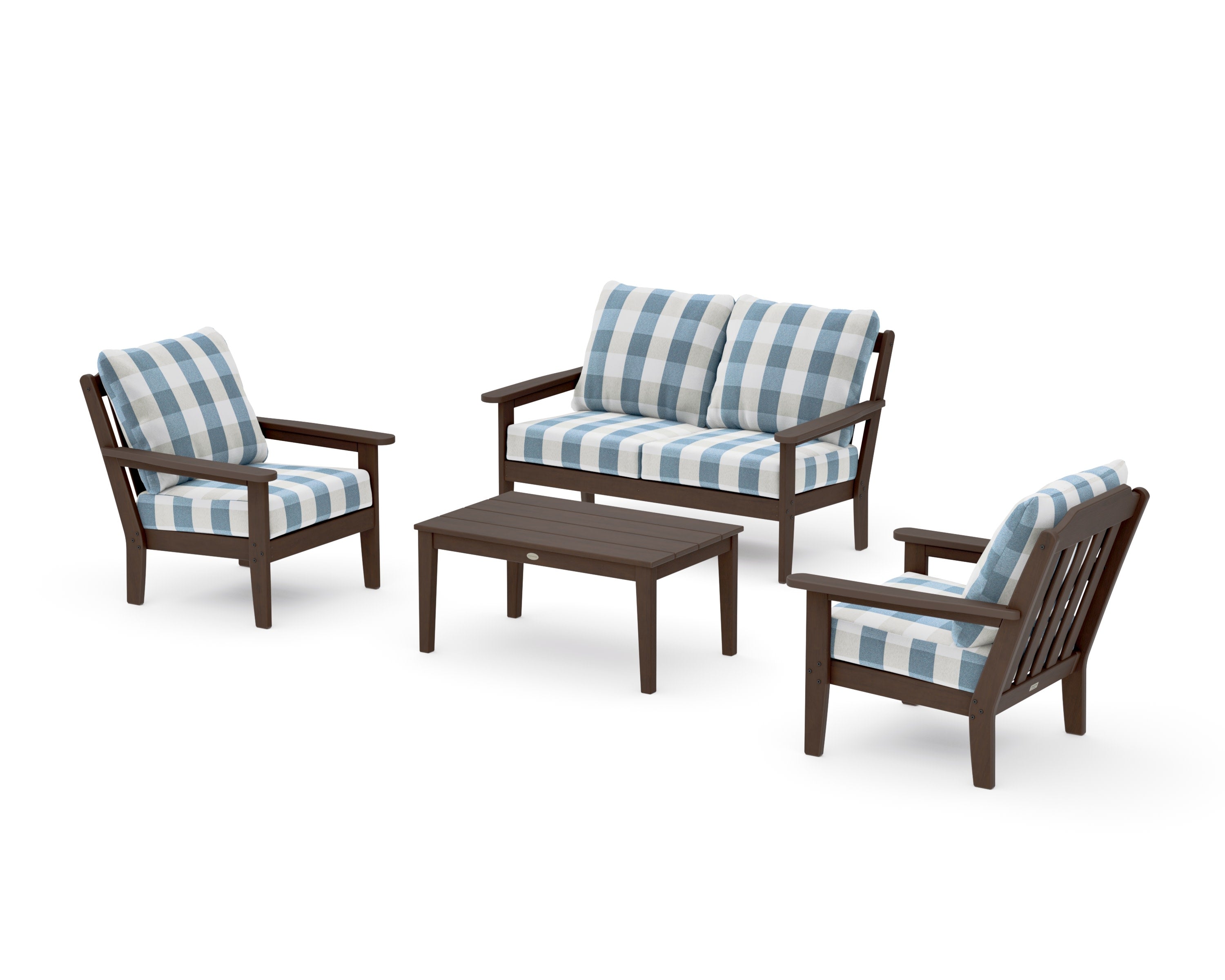 Cottage 4-Piece Deep Seating Set with Loveseat in Kona / Buffalo Plaid Sky Blue