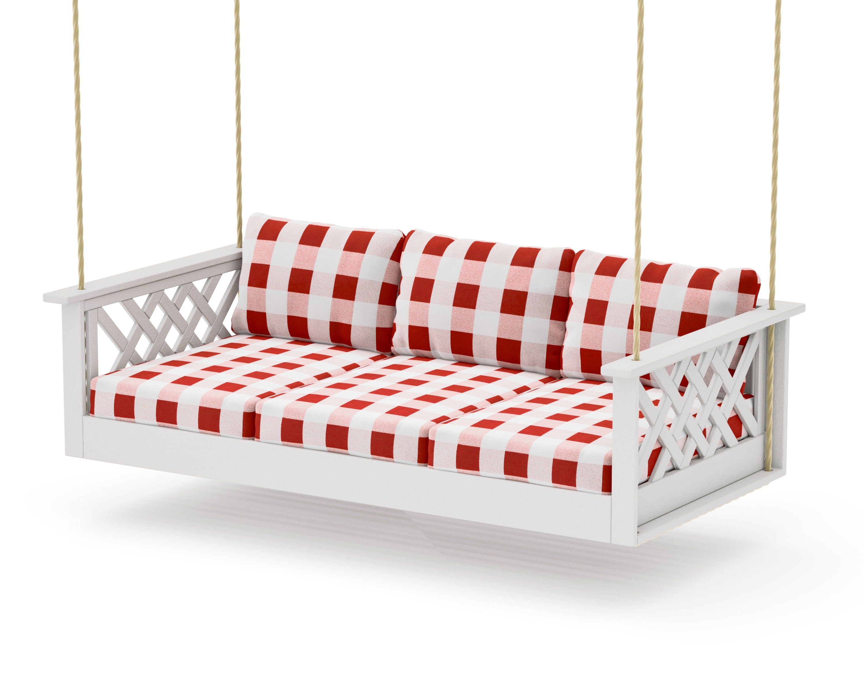 Wovendale Daybed Swing in Vintage White / Buffalo Plaid Crimson