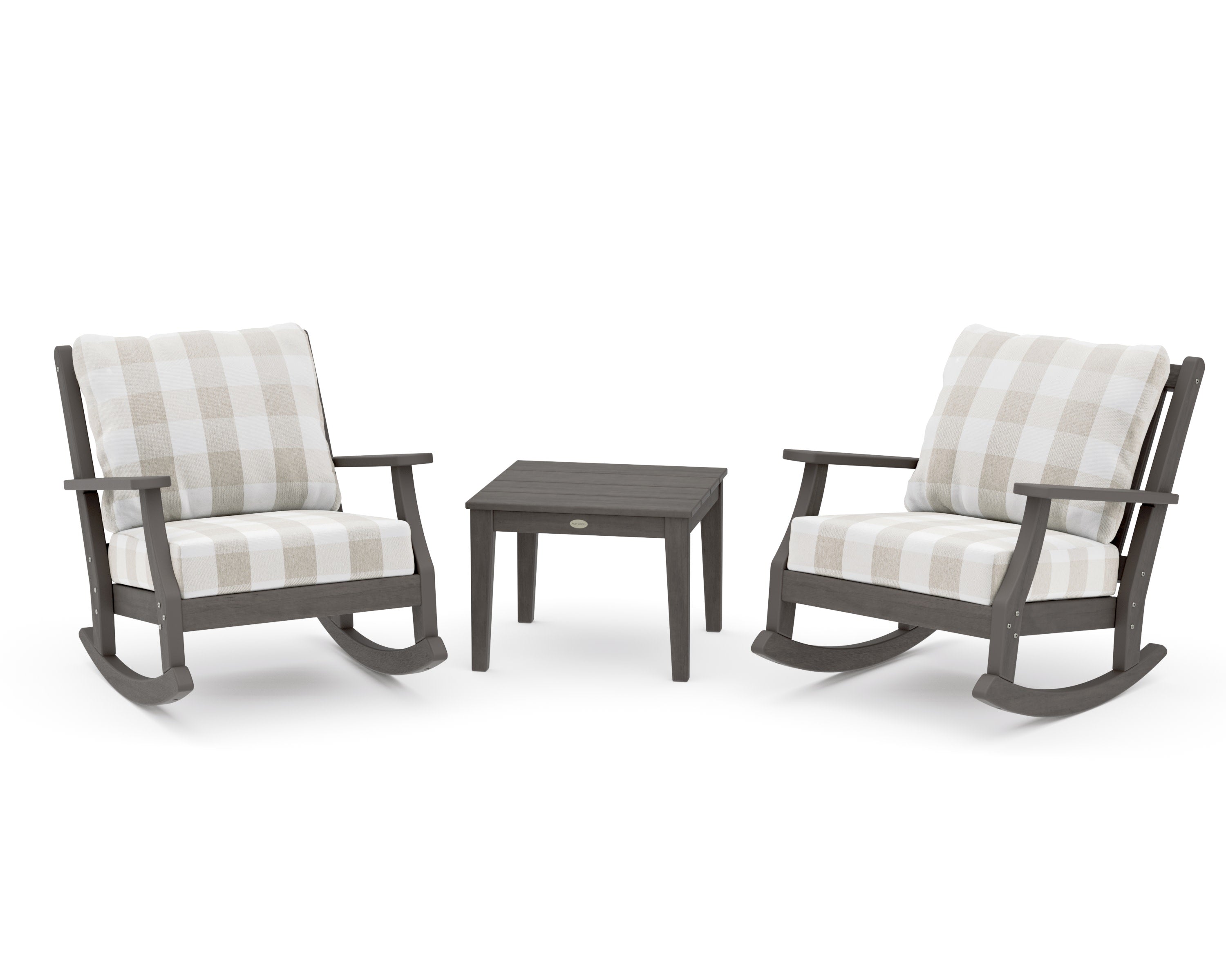 Wovendale 3-Piece Deep Seating Rocker Set in Driftwood / Buffalo Plaid Dune Burlap