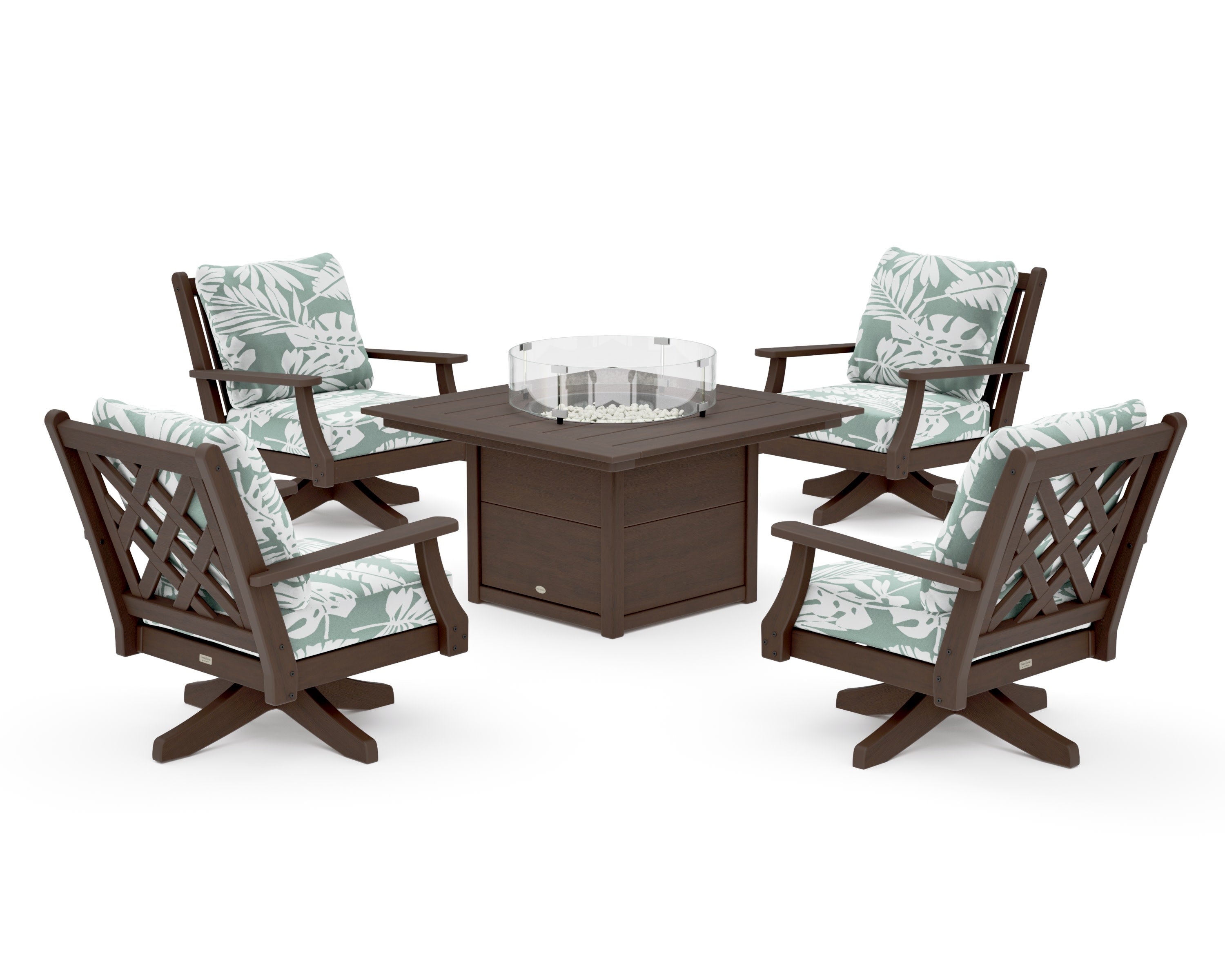Wovendale 5-Piece Deep Seating Swivel Conversation Set with Fire Pit Table in Kona / Leaf Glacier Spa
