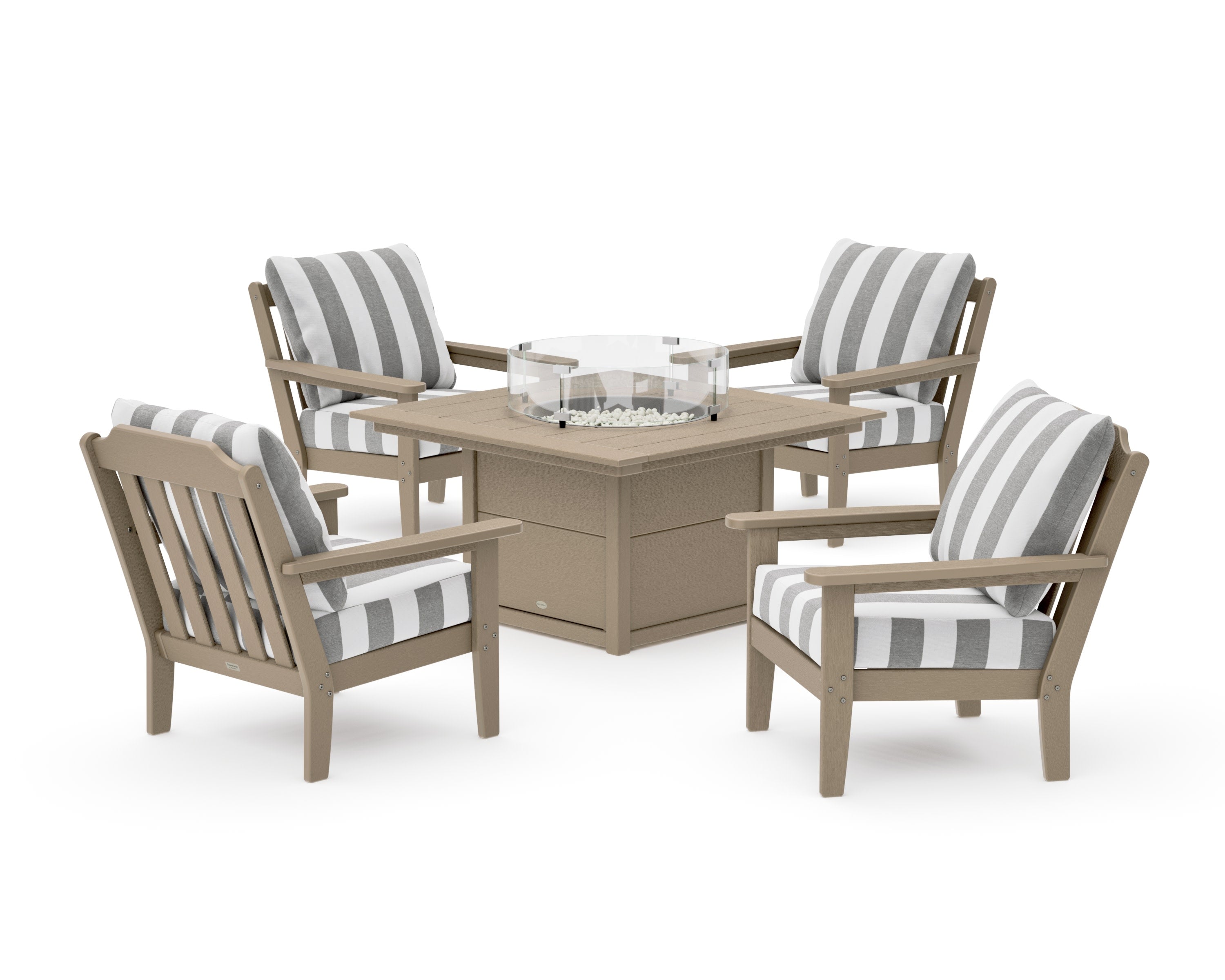 Cottage 5-Piece Deep Seating Set with Fire Pit Table in Vintage Sahara / Cabana Stripe Grey Mist