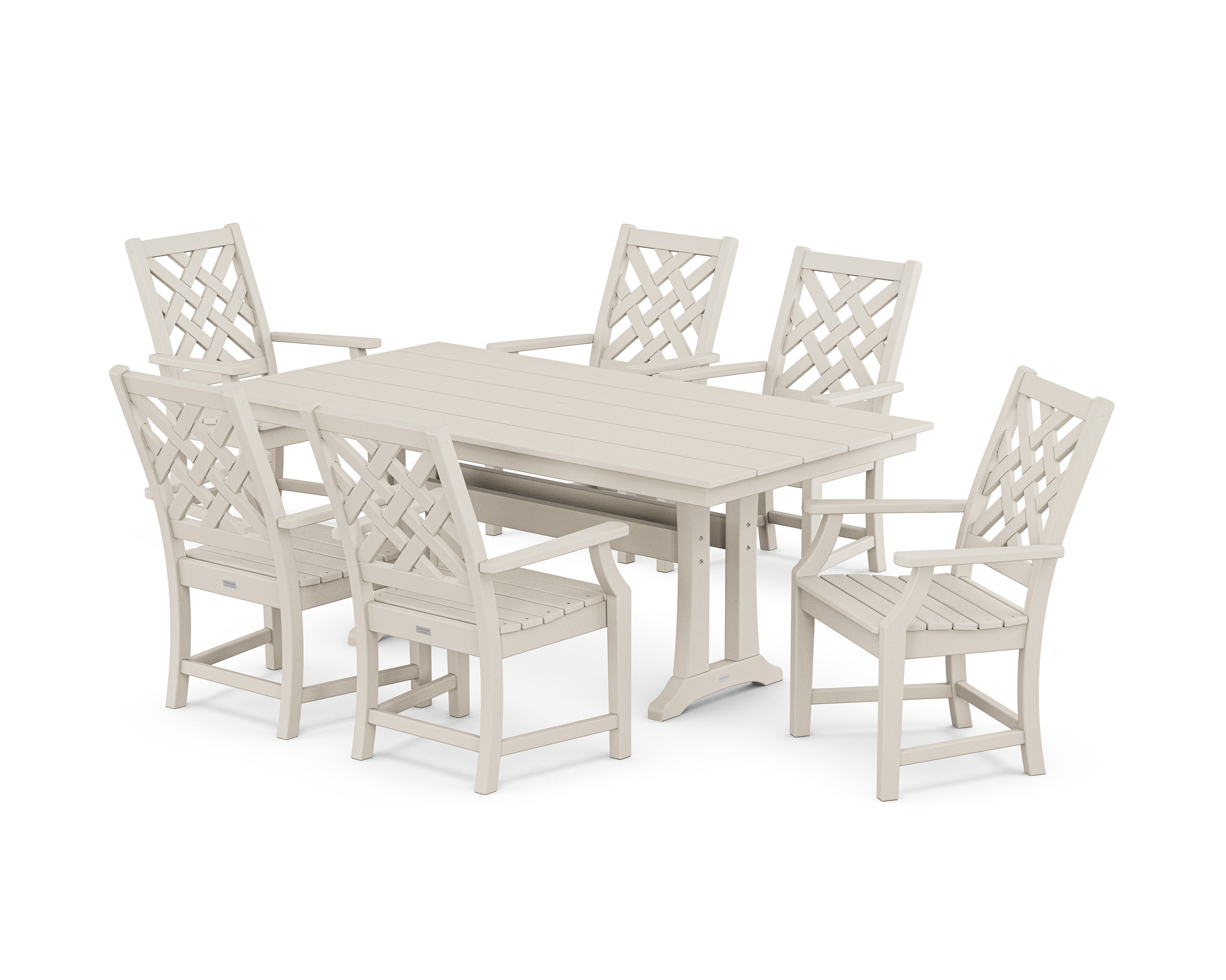 Wovendale Arm Chair 7-Piece Farmhouse Dining Set with Trestle Legs in Sand