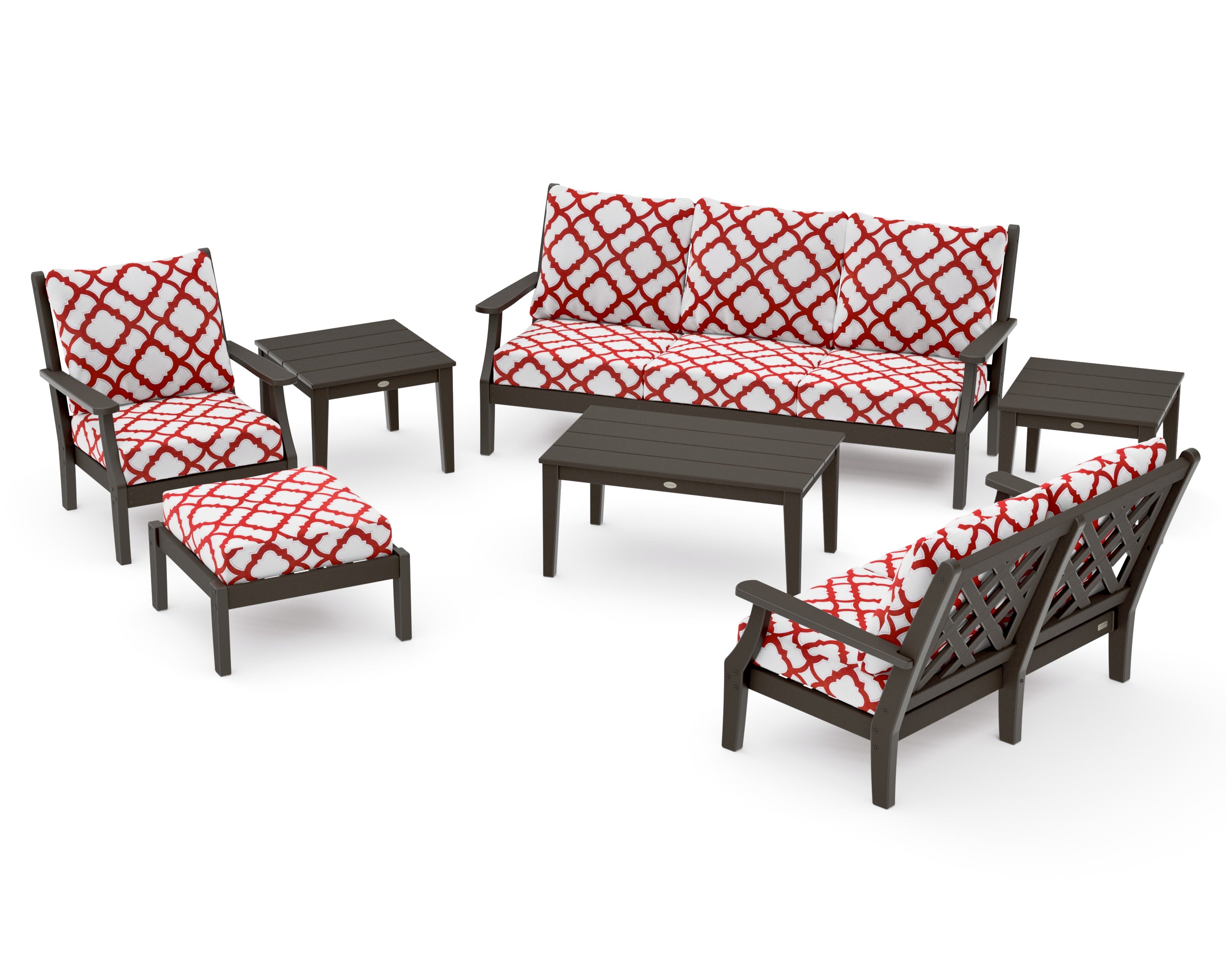 Wovendale 7-Piece Deep Seating Set in Vintage Coffee / Trellis Crimson
